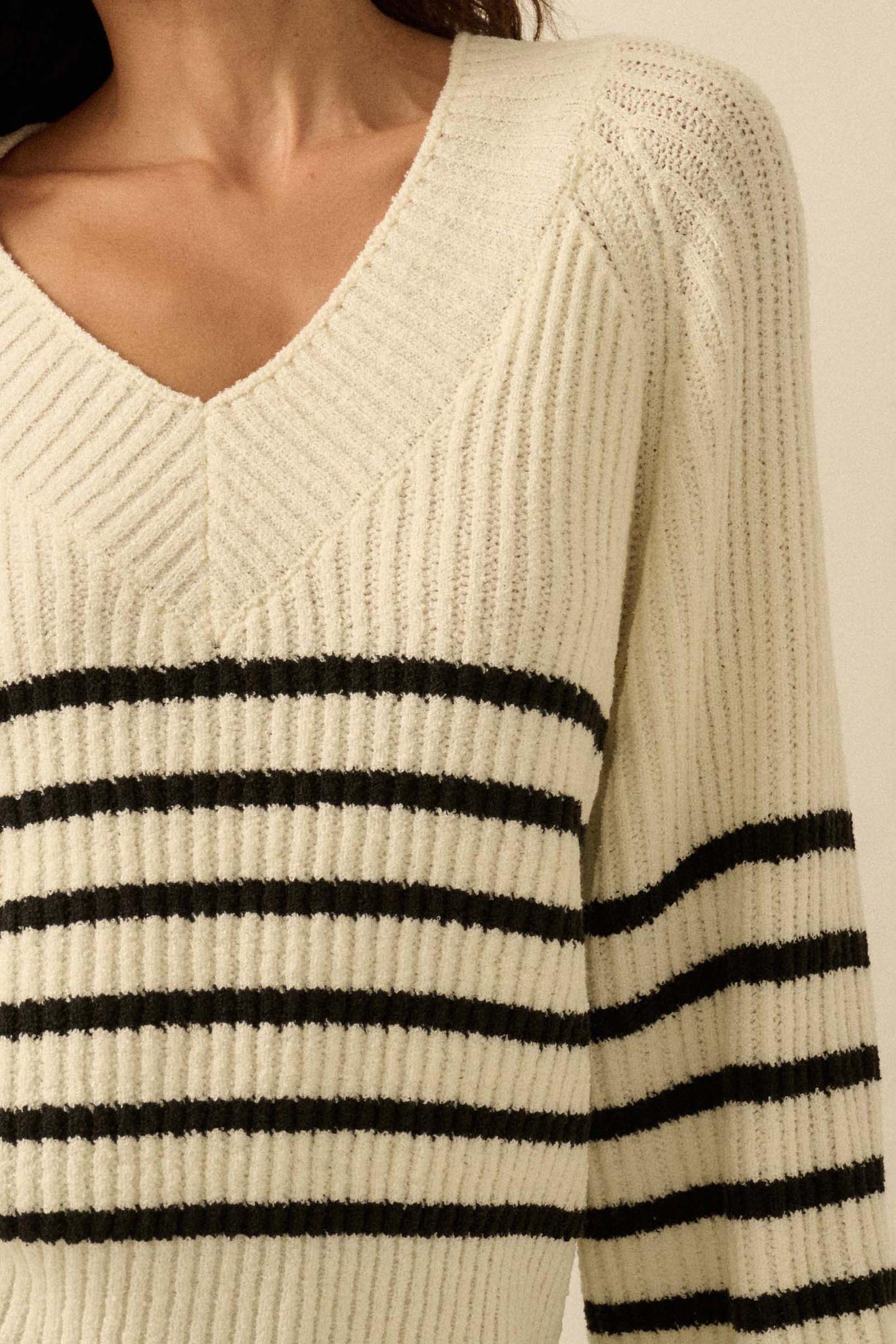 Promise the Label Striped Rib-Knit V-Neck Sweater - Image 5