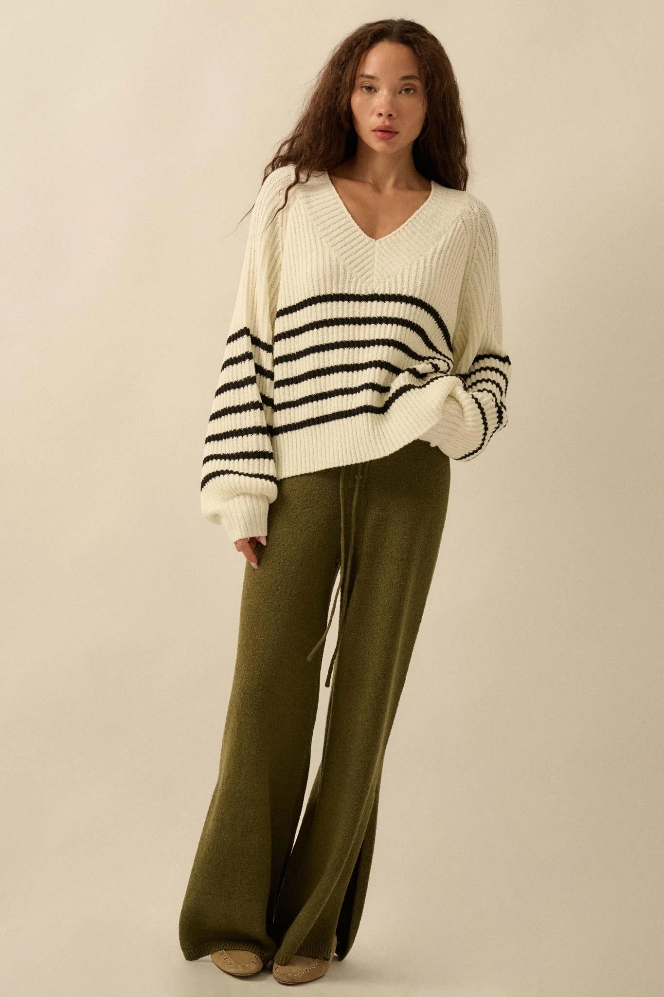 Promise the Label Striped Rib-Knit V-Neck Sweater - Image 6