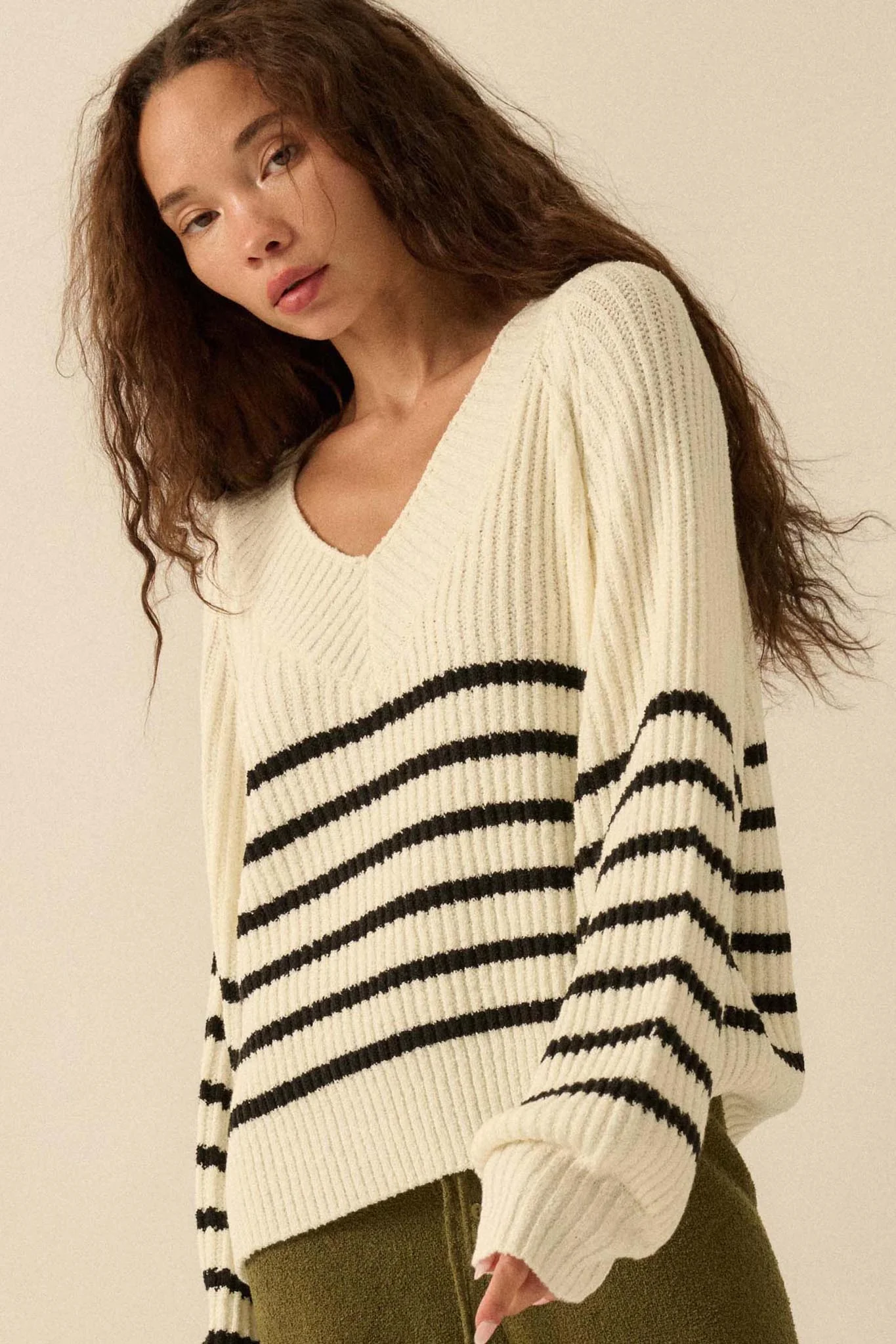 Promise the Label Striped Rib-Knit V-Neck Sweater - Image 7