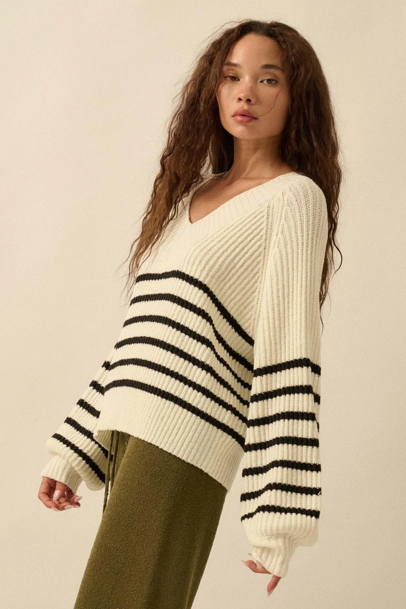 Promise the Label Striped Rib-Knit V-Neck Sweater - Image 8