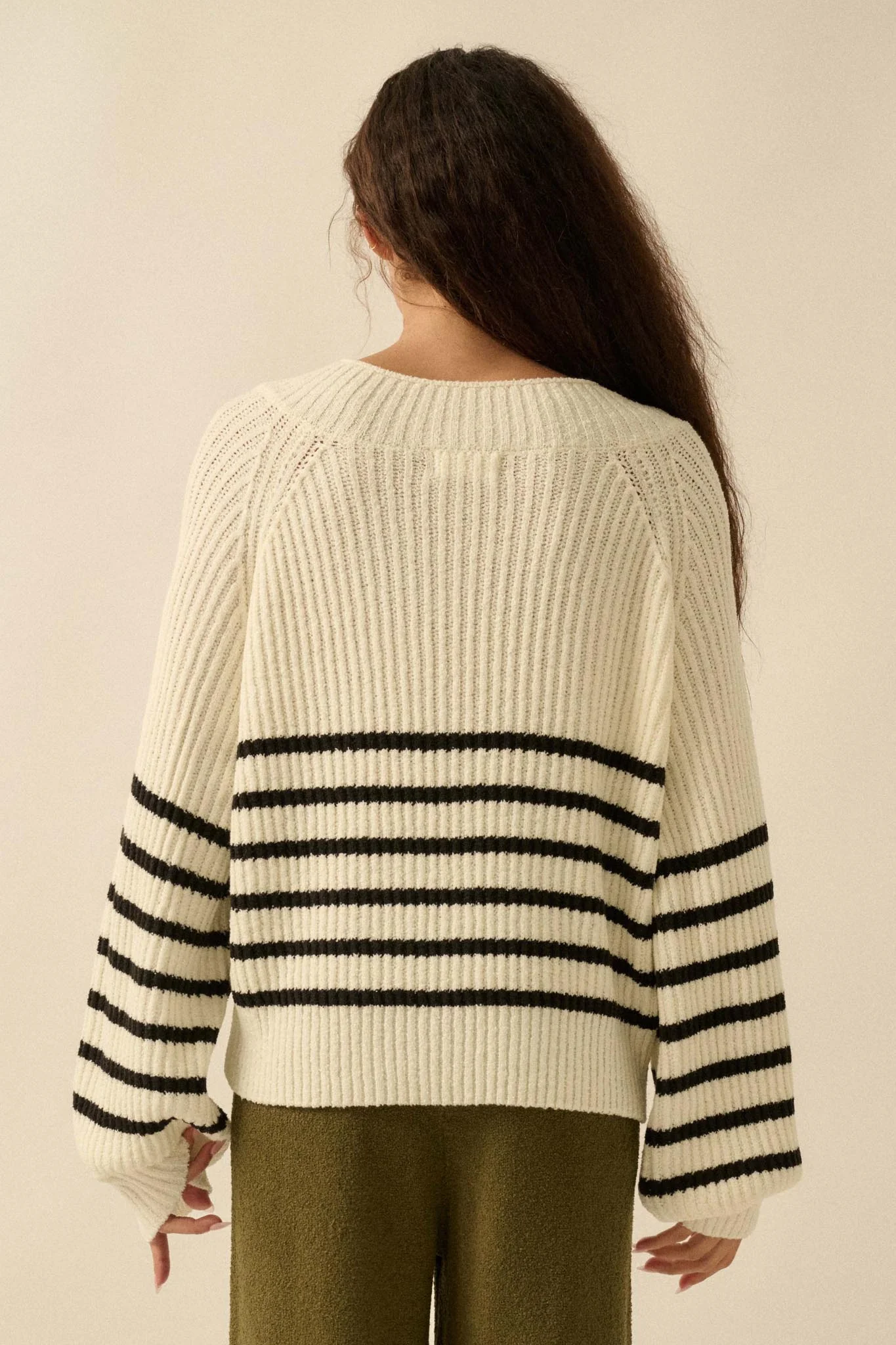 Promise the Label Striped Rib-Knit V-Neck Sweater - Image 9