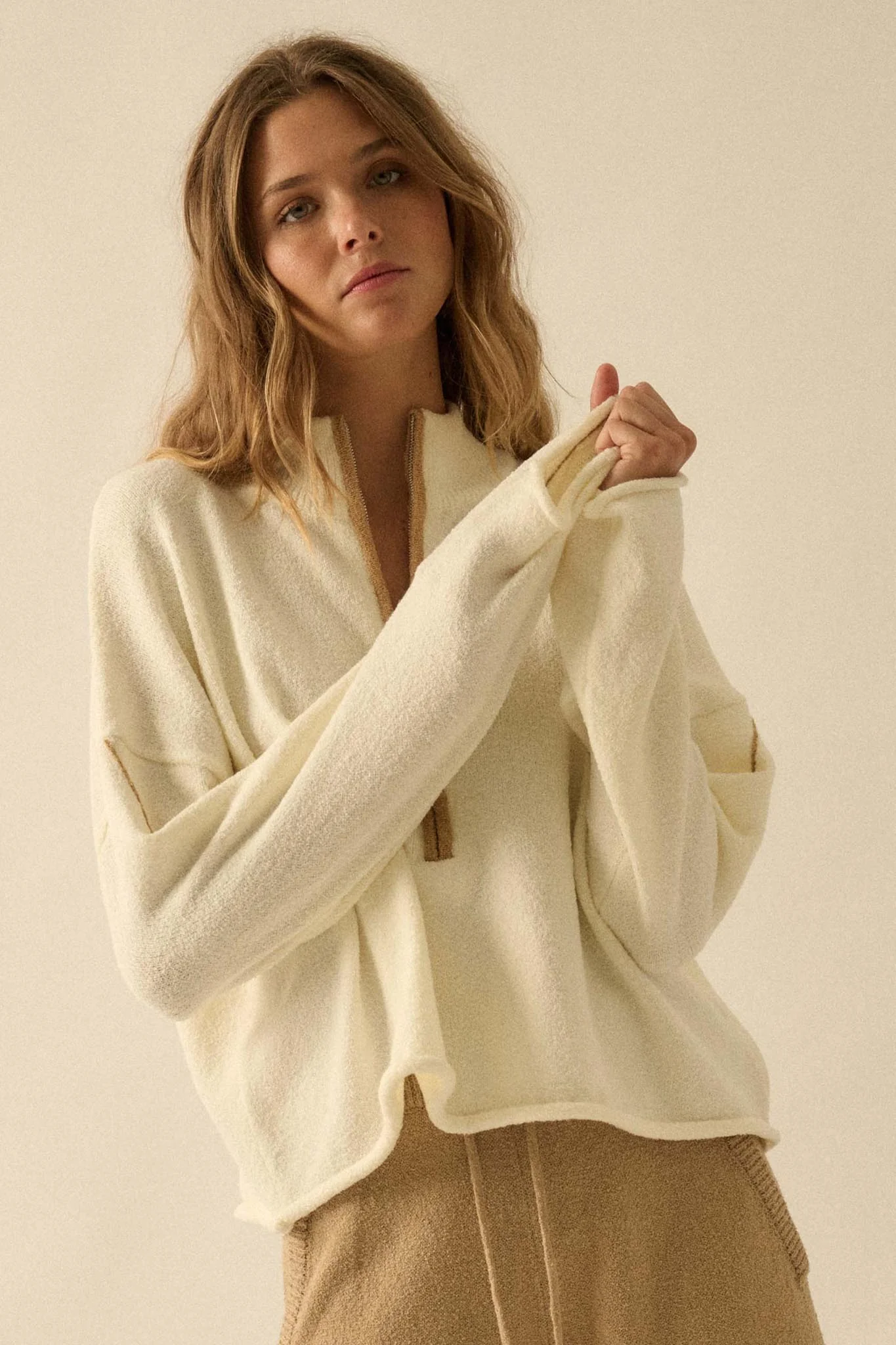 Promise the Label Textured Knit Half-Zip Sweater