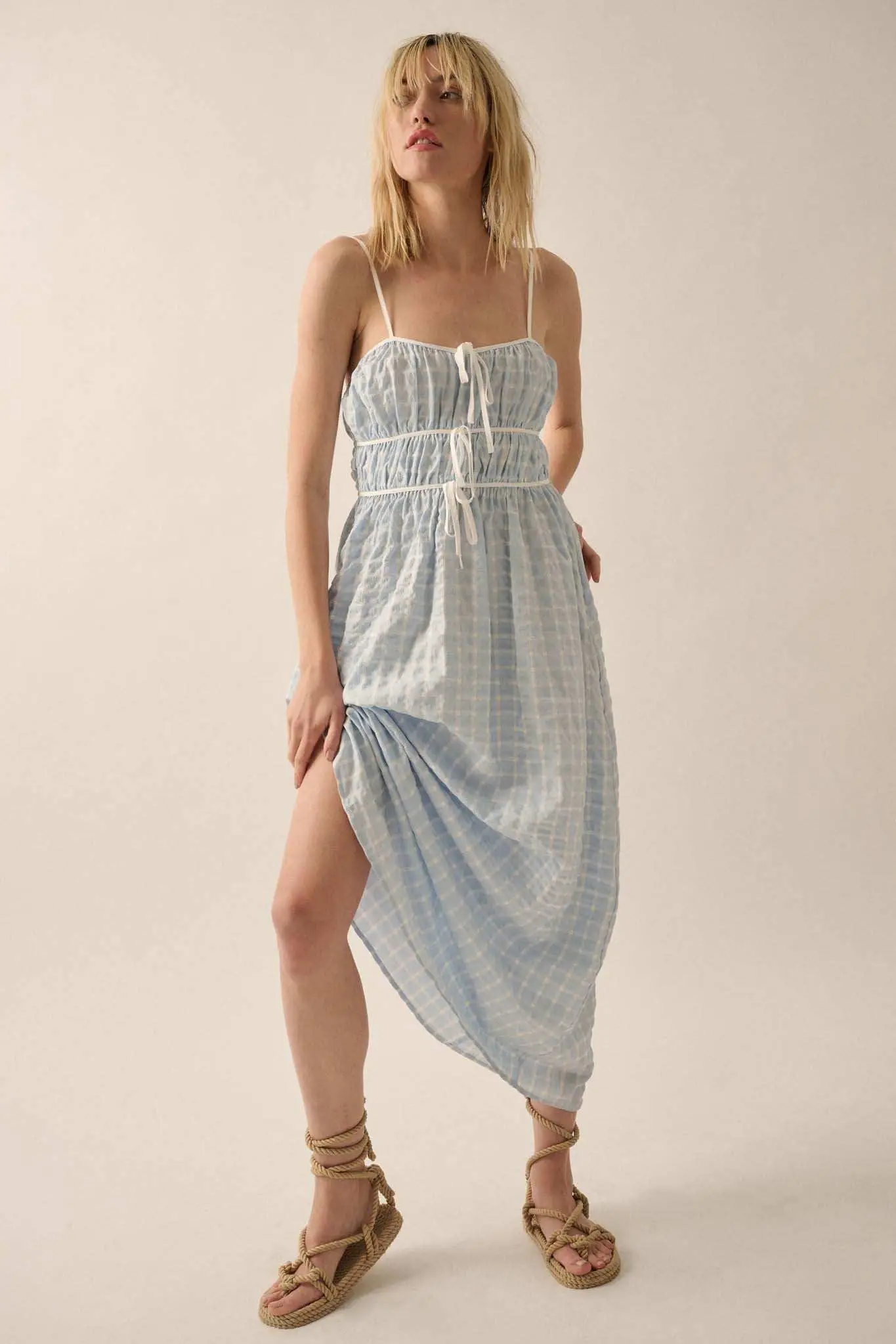 Puff Piece Textured Bubble Plaid Maxi Dress - Image 5