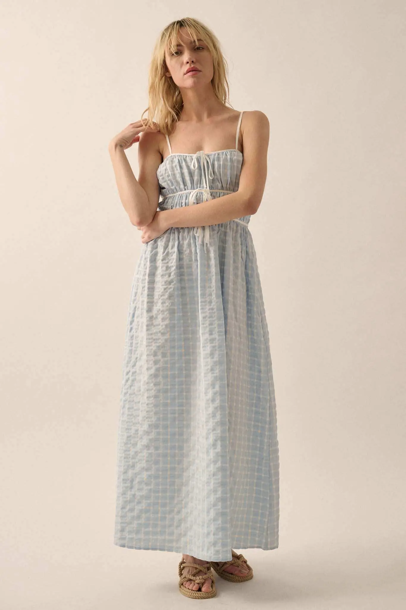 Puff Piece Textured Bubble Plaid Maxi Dress - Image 6
