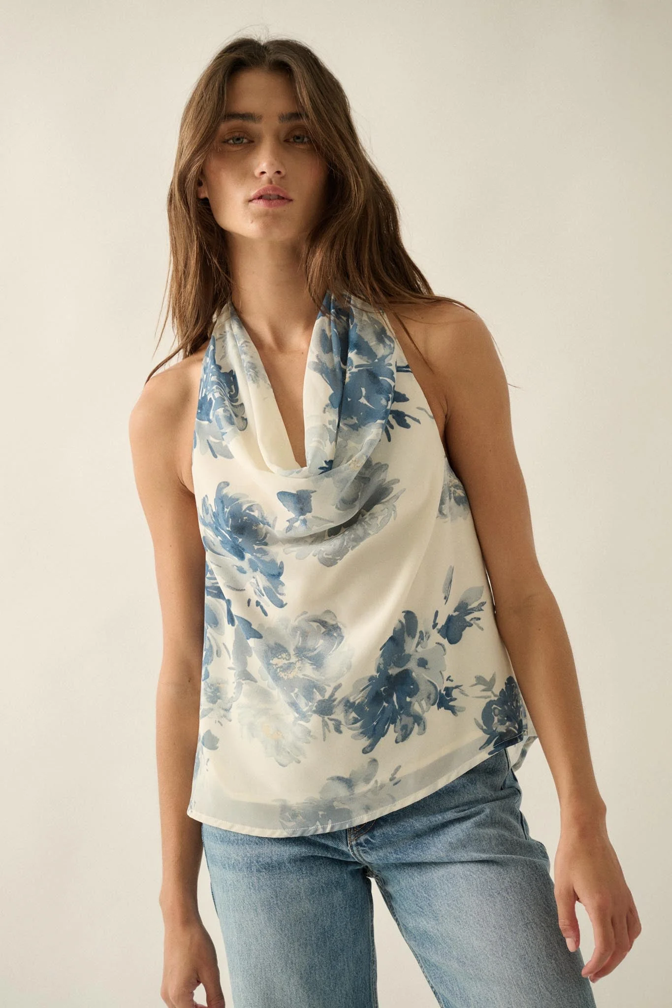Pure Elegance Floral Chiffon Cowl-Neck Halter Top - Image 10