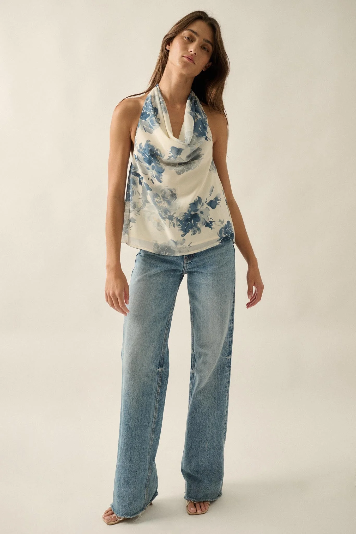 Pure Elegance Floral Chiffon Cowl-Neck Halter Top - Image 12
