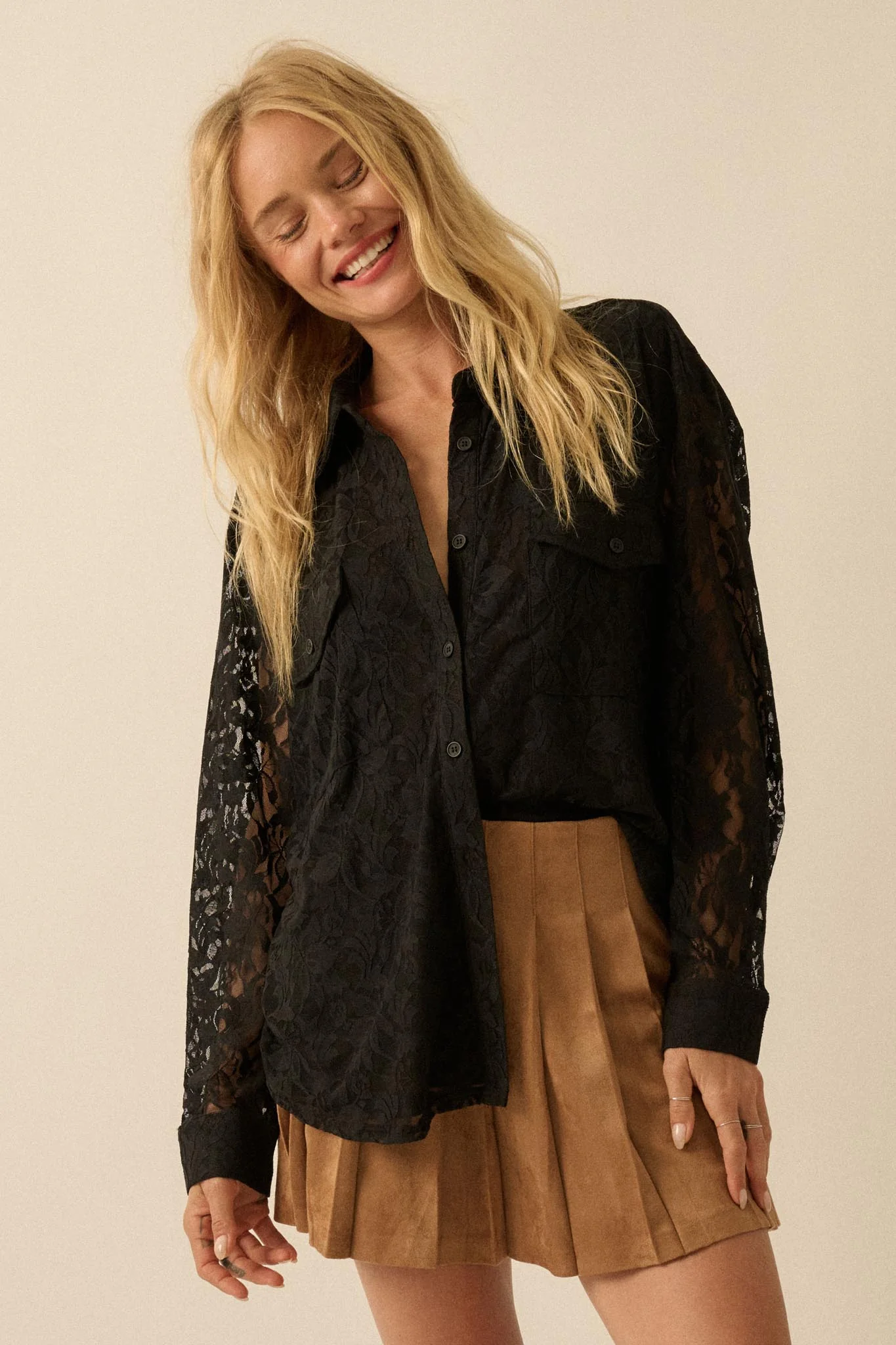 Pure Poetry Floral Lace Button-Up Pocket Shirt - Image 20
