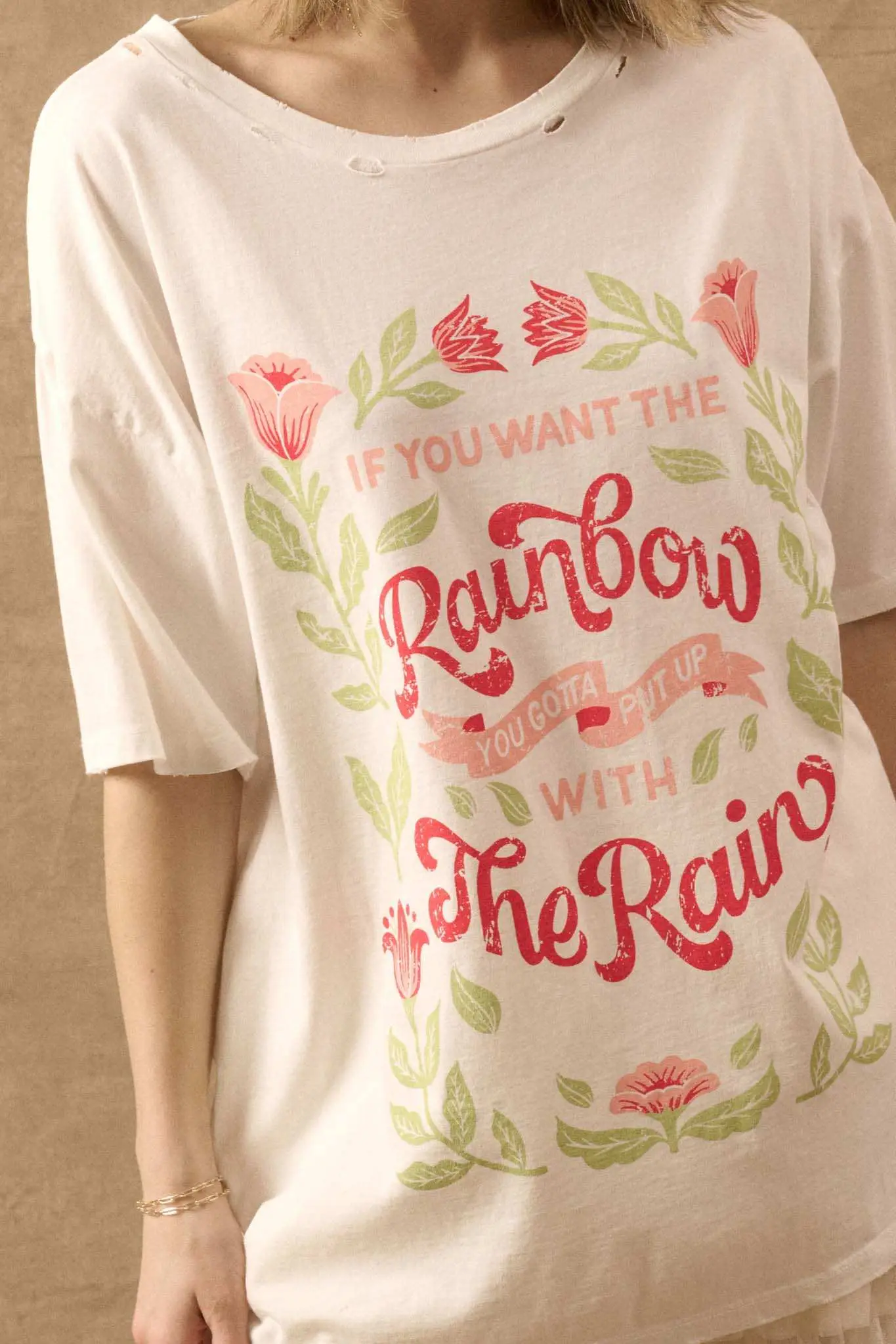 Rain and Rainbow Distressed Oversize Graphic Tee - Image 2