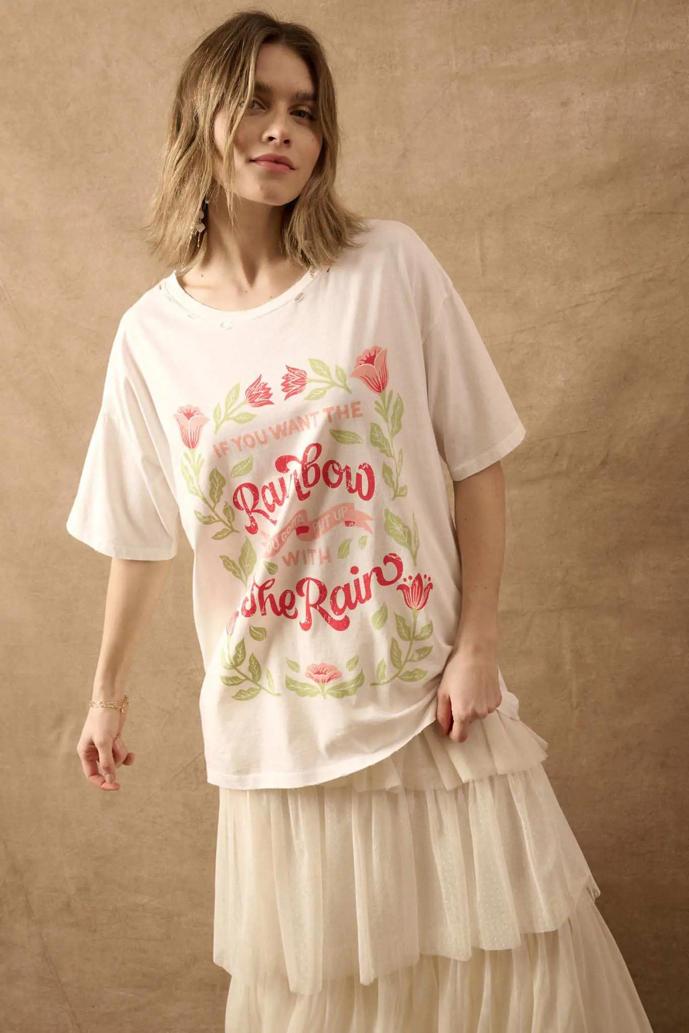 Rain and Rainbow Distressed Oversize Graphic Tee - Image 3