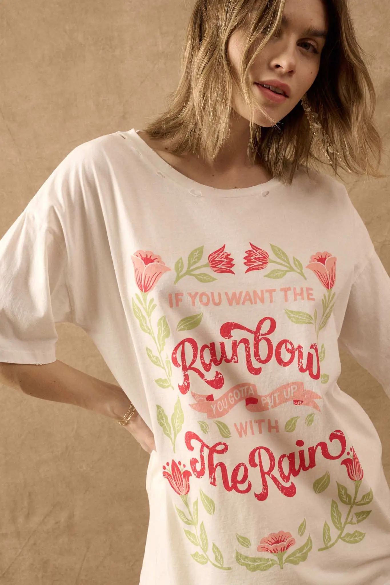 Rain and Rainbow Distressed Oversize Graphic Tee - Image 4