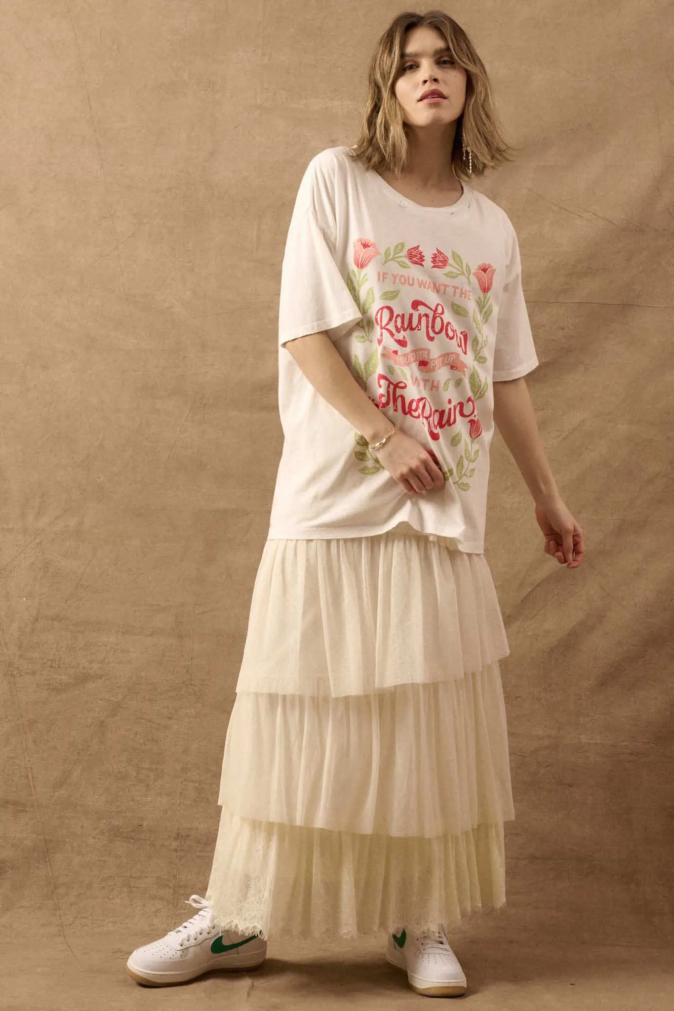 Rain and Rainbow Distressed Oversize Graphic Tee - Image 5