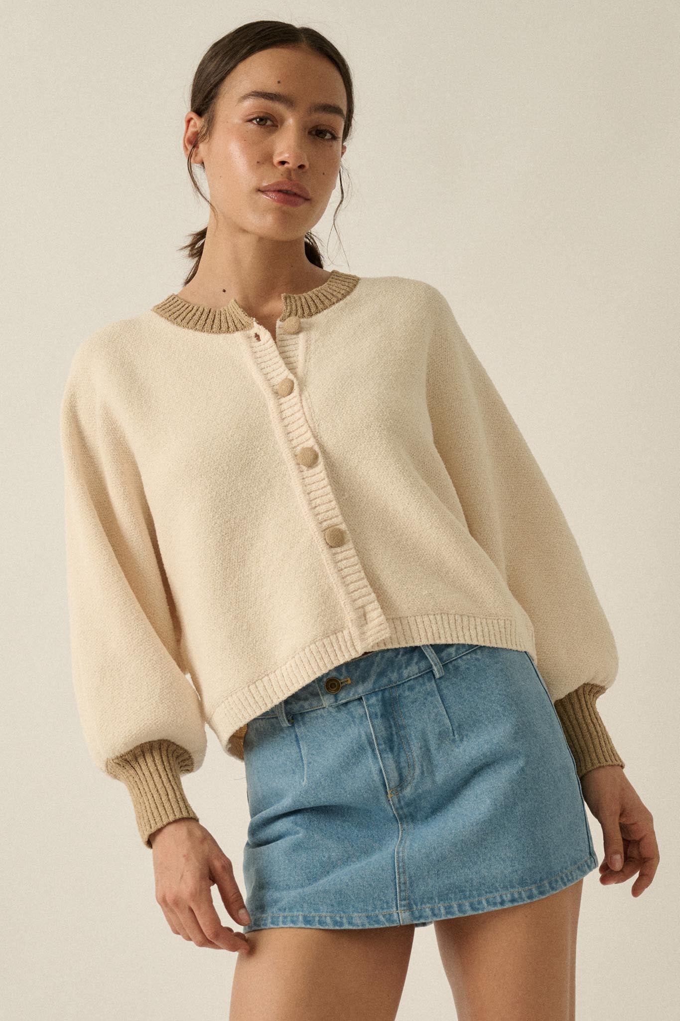 Ready or Not Contrast Knit Bubble-Sleeve Cardigan - Image 11