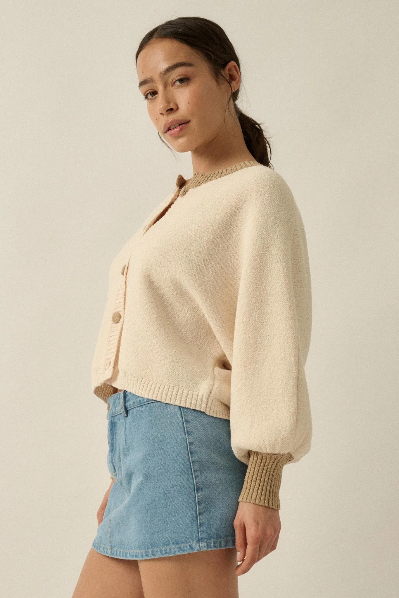 Ready or Not Contrast Knit Bubble-Sleeve Cardigan - Image 12