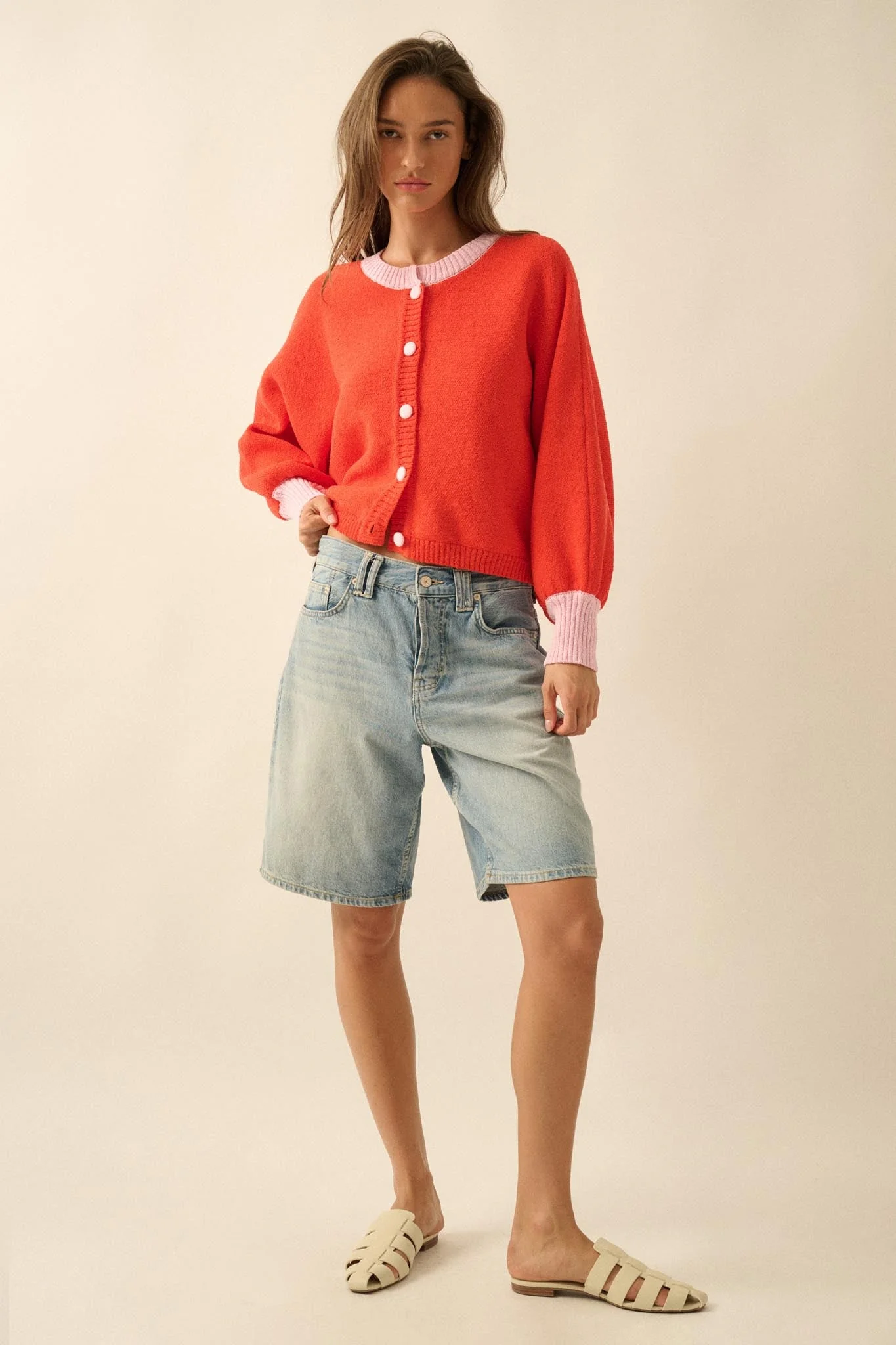 Ready or Not Contrast Knit Bubble-Sleeve Cardigan - Image 15