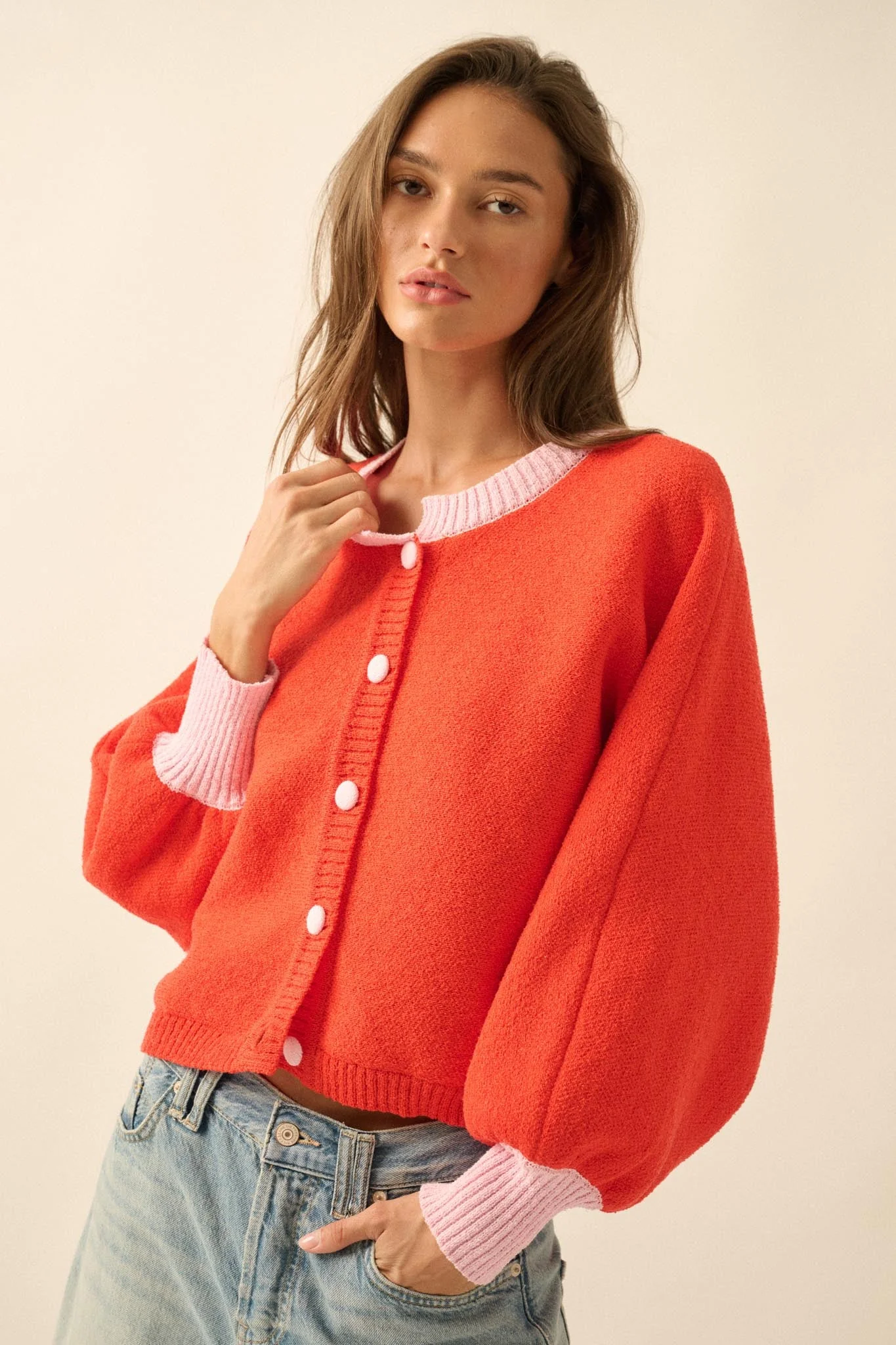 Ready or Not Contrast Knit Bubble-Sleeve Cardigan - Image 16