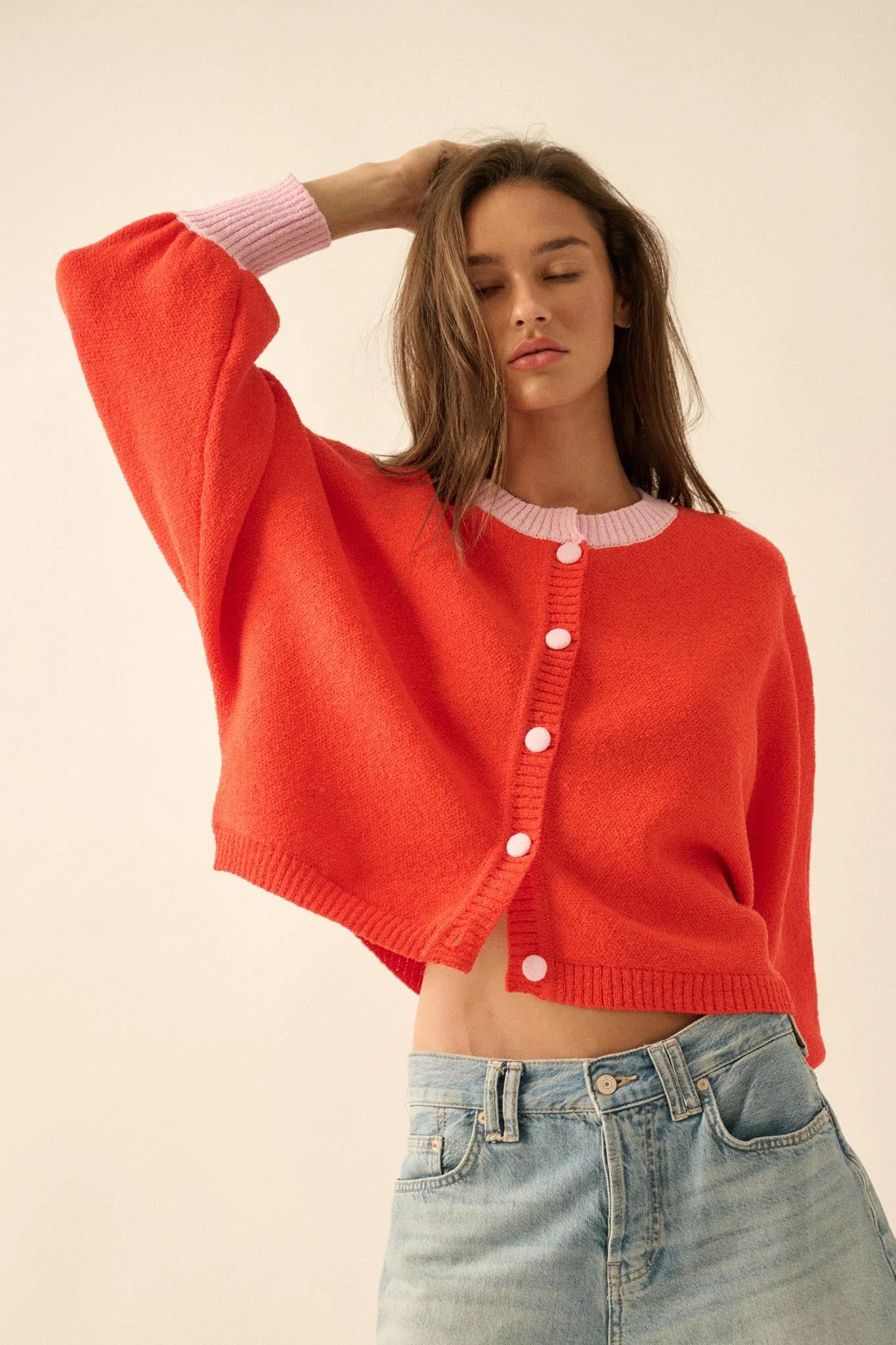 Ready or Not Contrast Knit Bubble-Sleeve Cardigan - Image 17