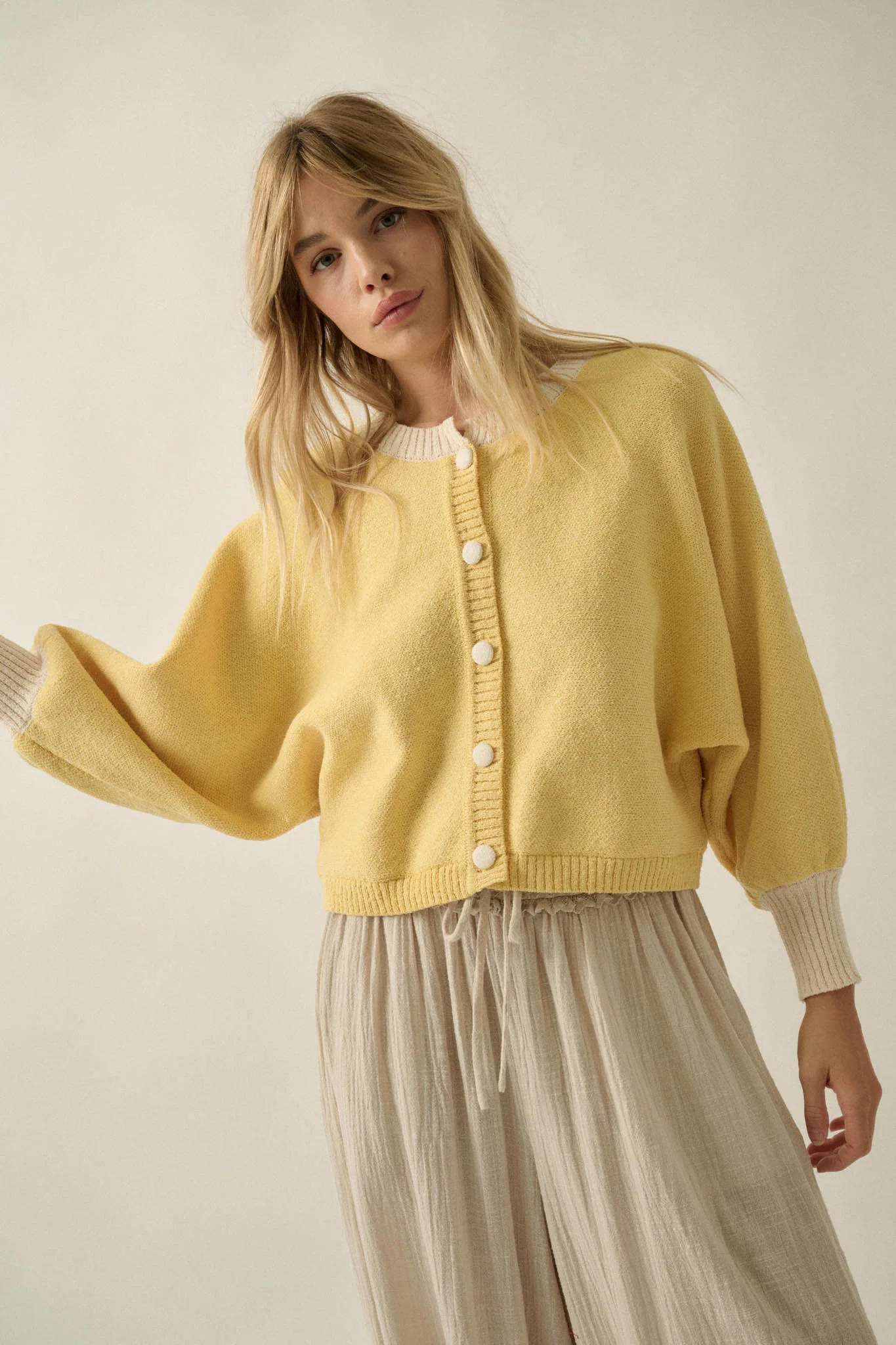 Ready or Not Contrast Knit Bubble-Sleeve Cardigan - Image 4