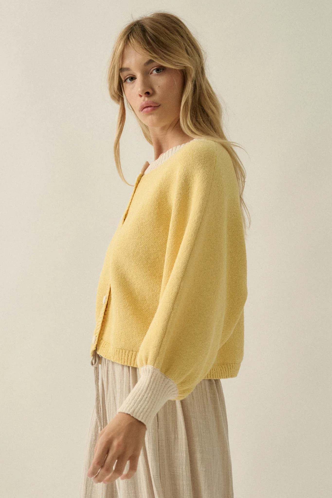 Ready or Not Contrast Knit Bubble-Sleeve Cardigan - Image 6