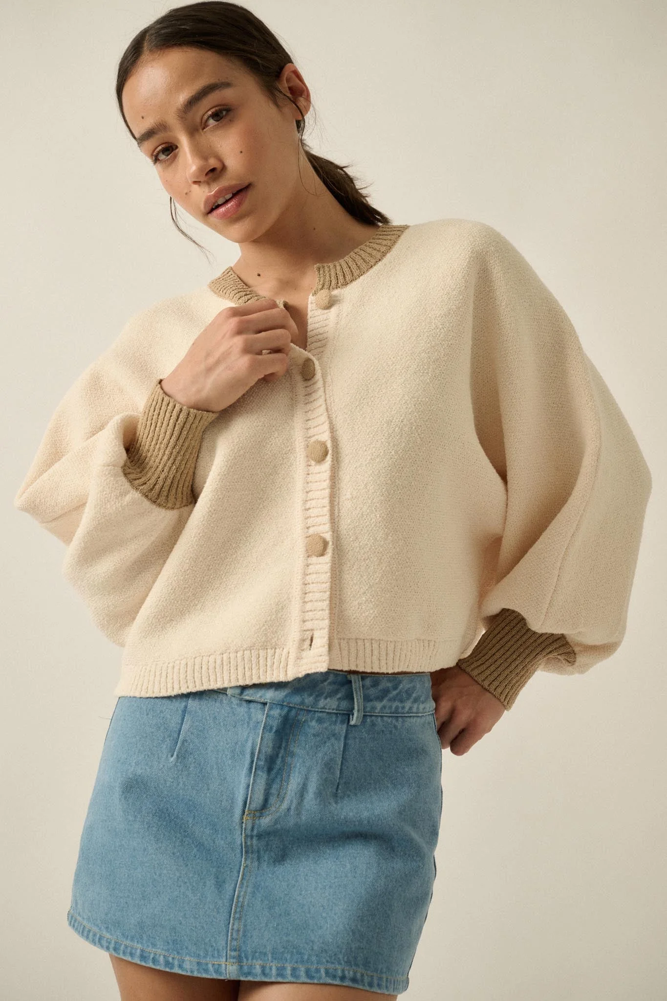 Ready or Not Contrast Knit Bubble-Sleeve Cardigan - Image 7
