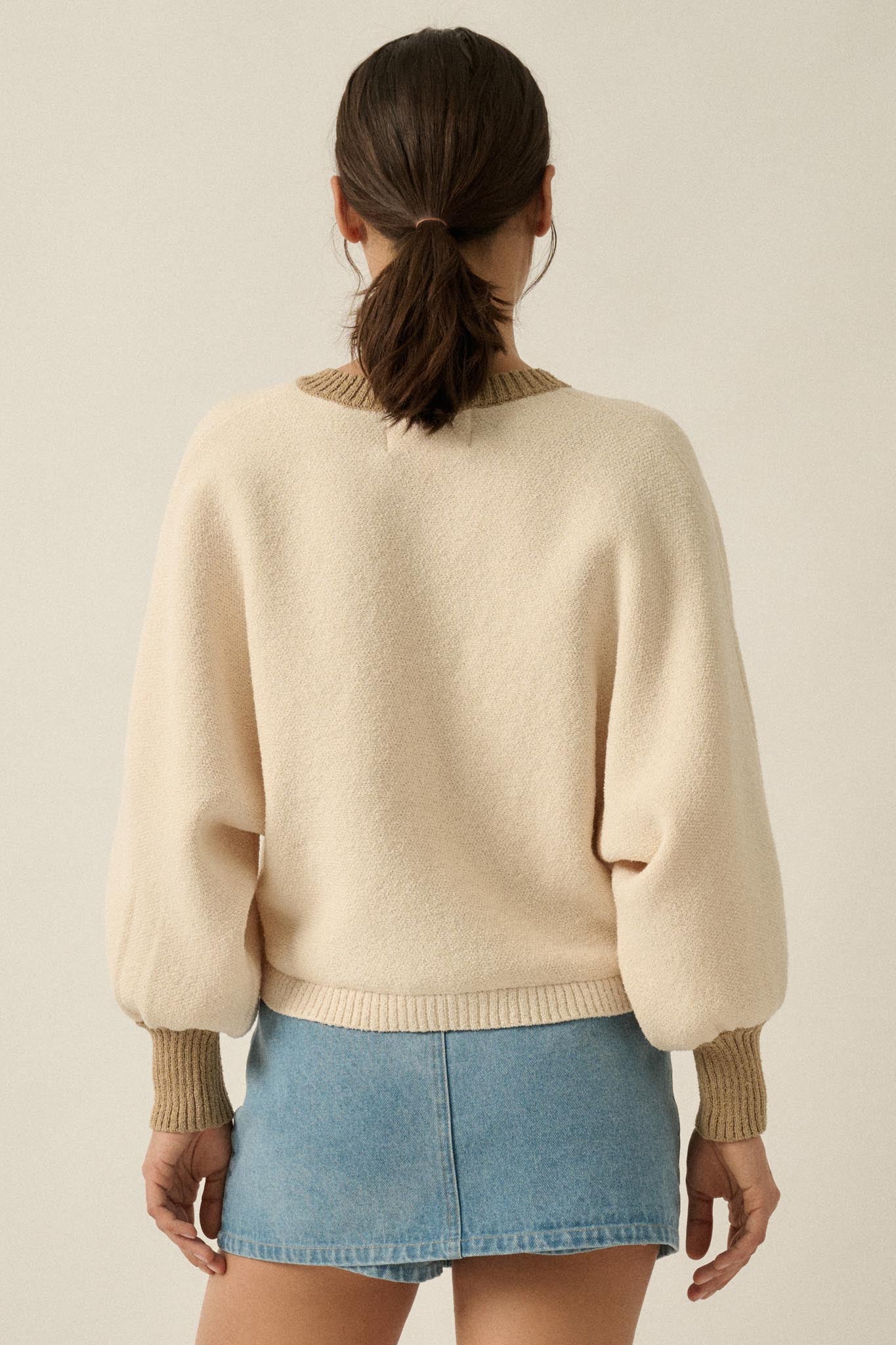 Ready or Not Contrast Knit Bubble-Sleeve Cardigan - Image 8