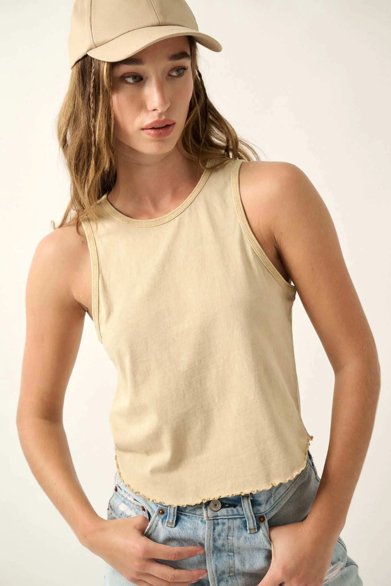 Real Talk Vintage-Wash Lettuce-Edge Tank Top - Image 4