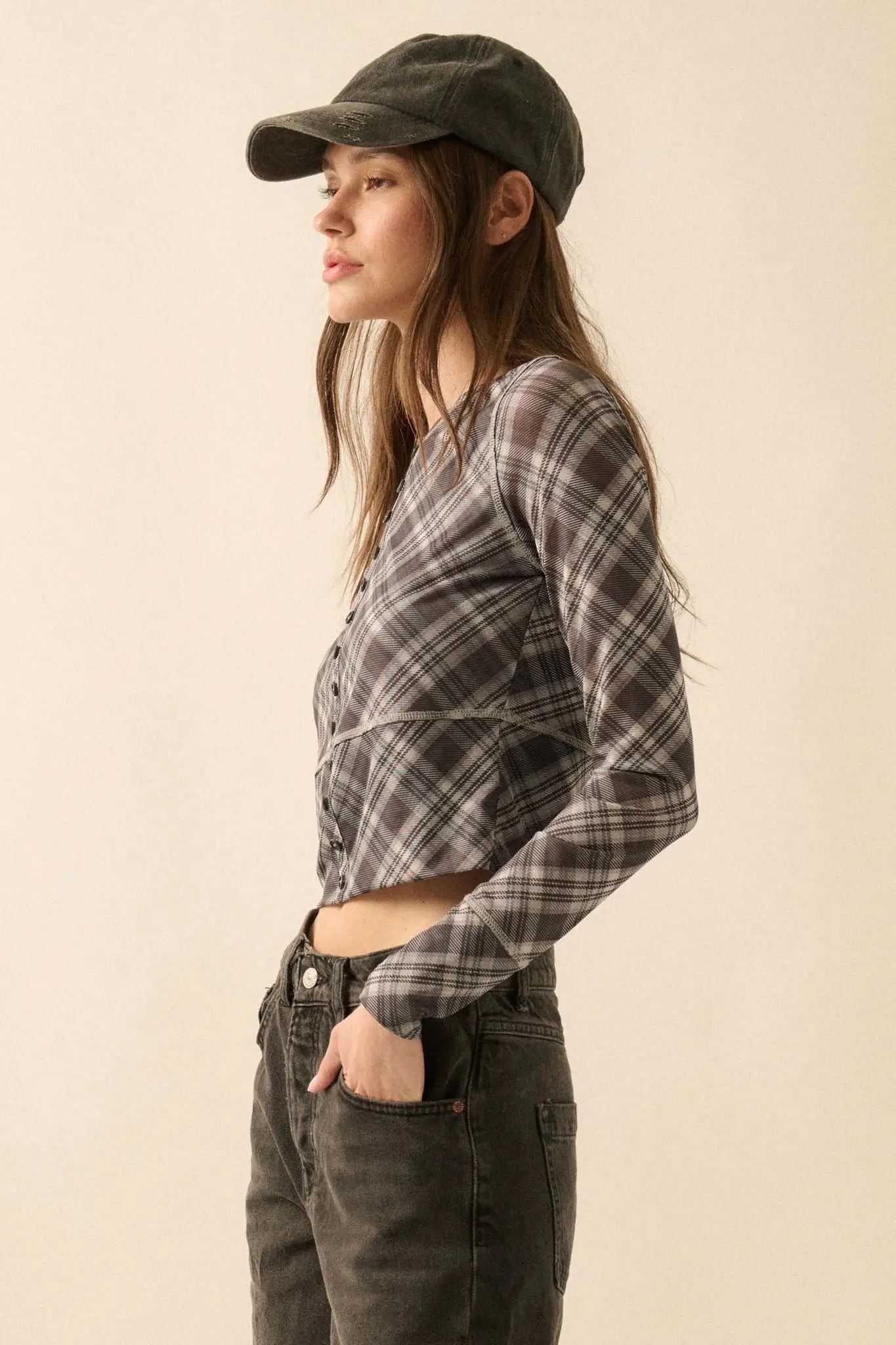 Reality Check Plaid Cropped Long-Sleeve Top - Image 11