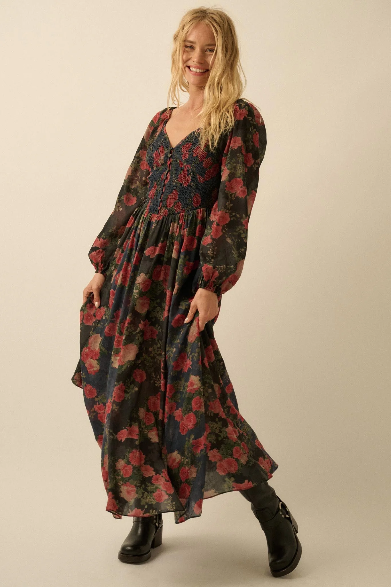 Refined Roses Smocked Floral Maxi Peasant Dress - Image 3