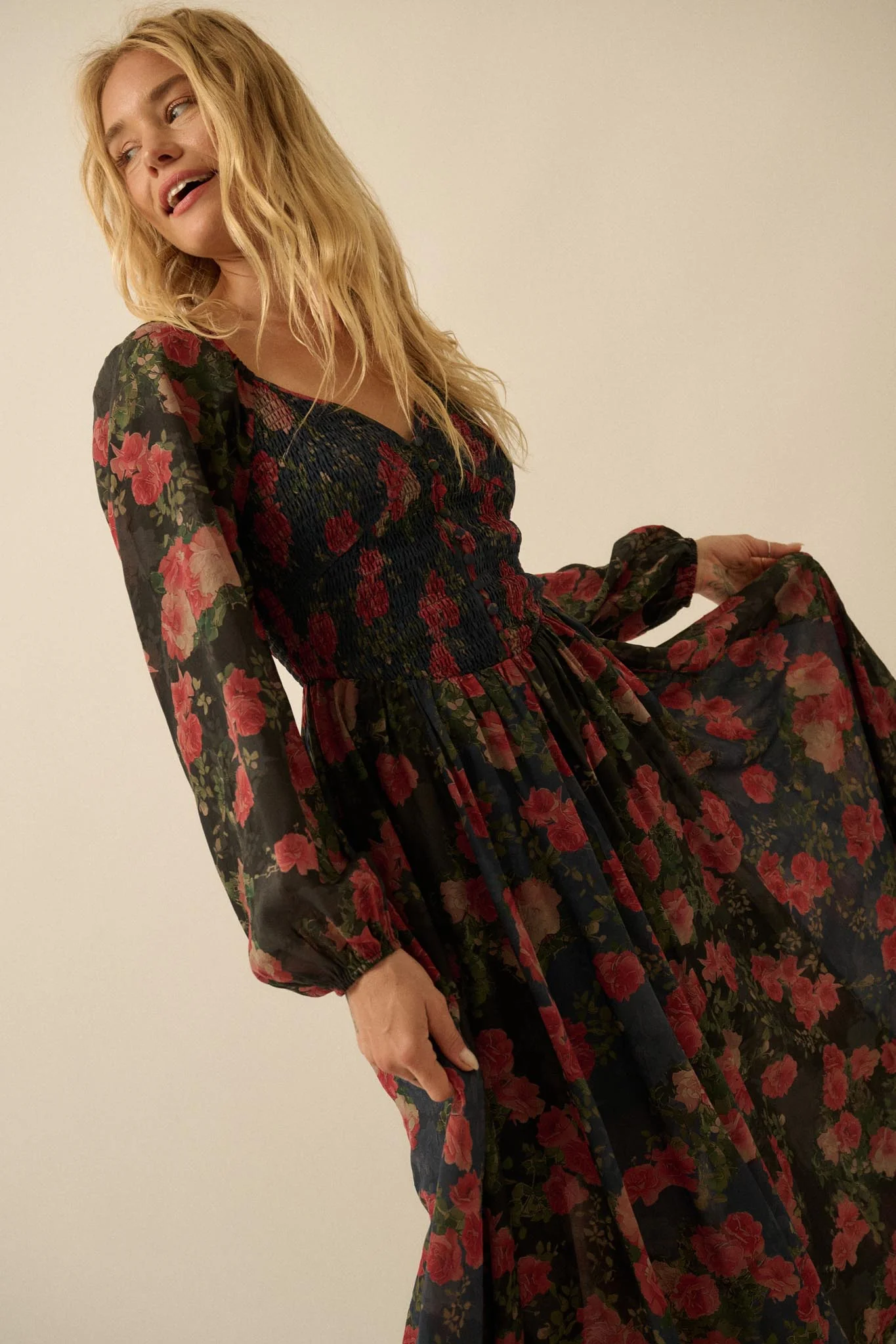 Refined Roses Smocked Floral Maxi Peasant Dress - Image 5