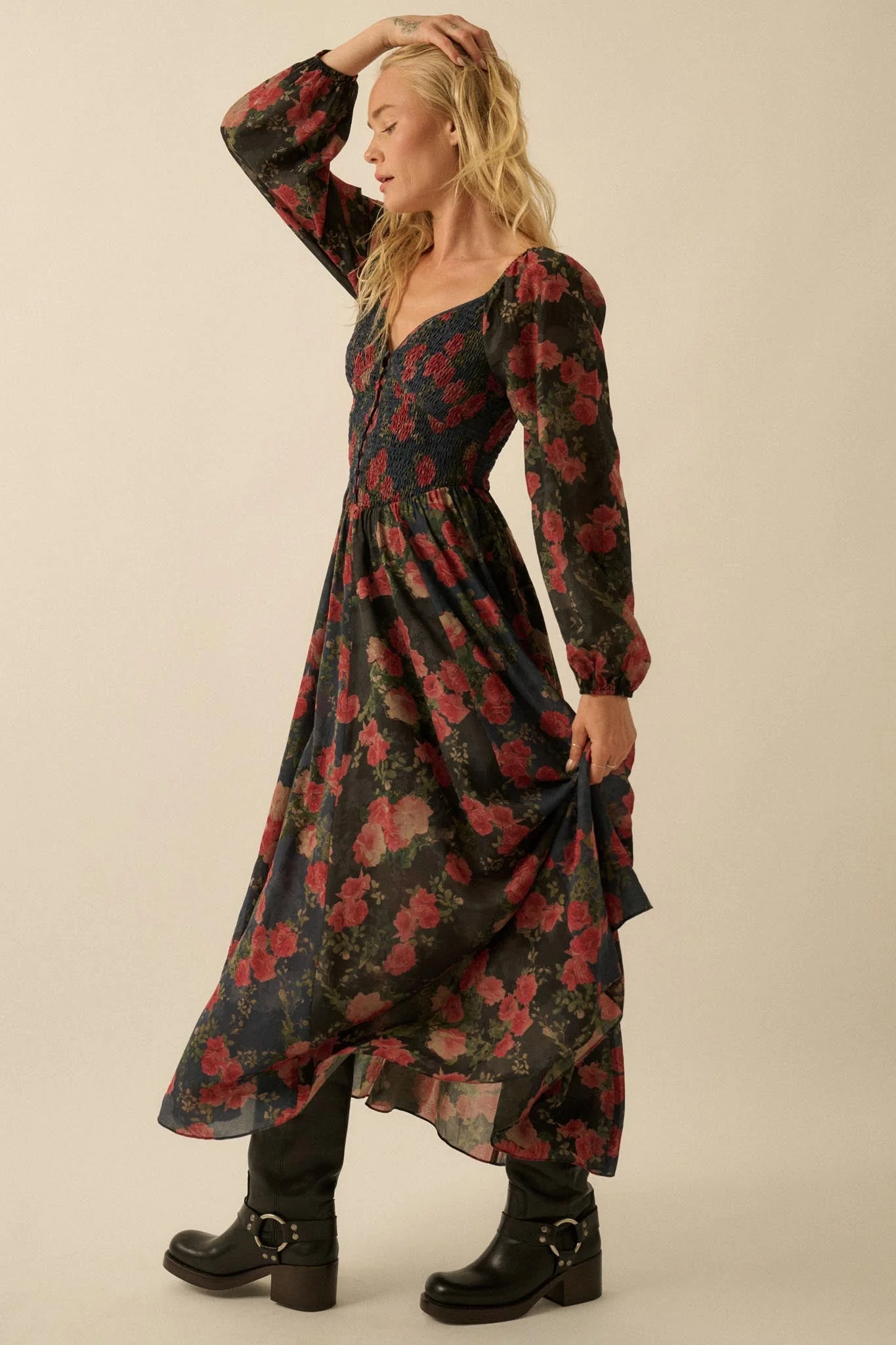 Refined Roses Smocked Floral Maxi Peasant Dress - Image 6