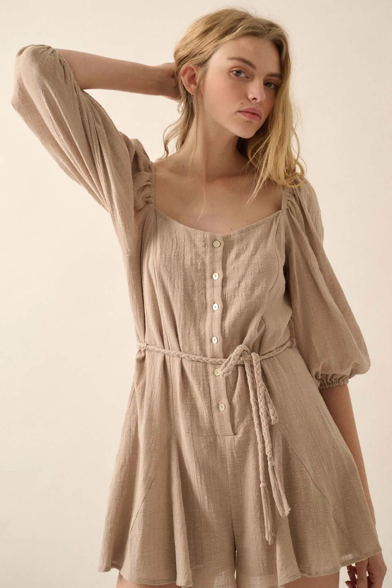 Refreshing Breeze Belted Puff-Sleeve Romper - Image 13