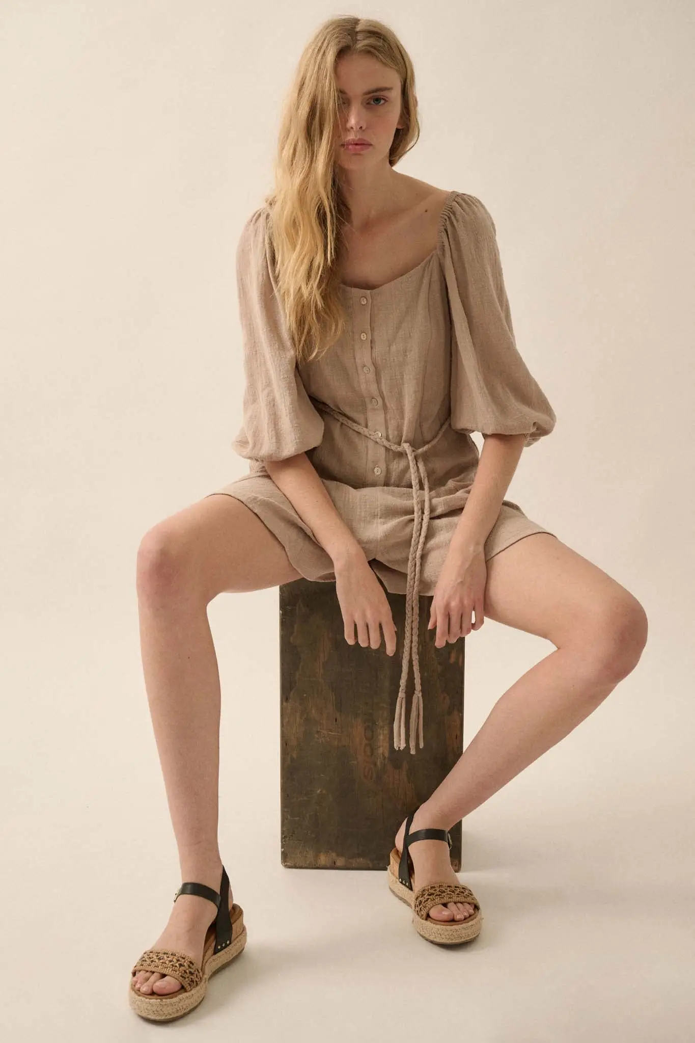 Refreshing Breeze Belted Puff-Sleeve Romper - Image 14