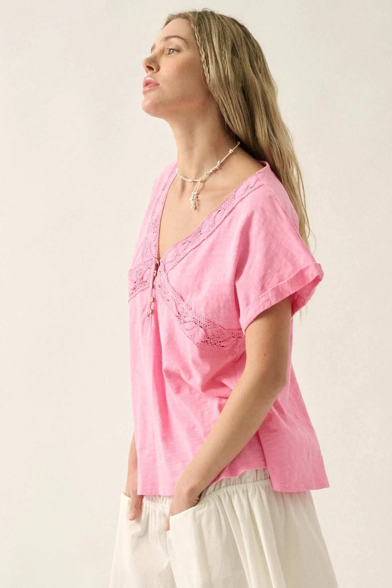 Rise and Shine Lace-Trimmed Slub Cotton Henley Tee - Image 5