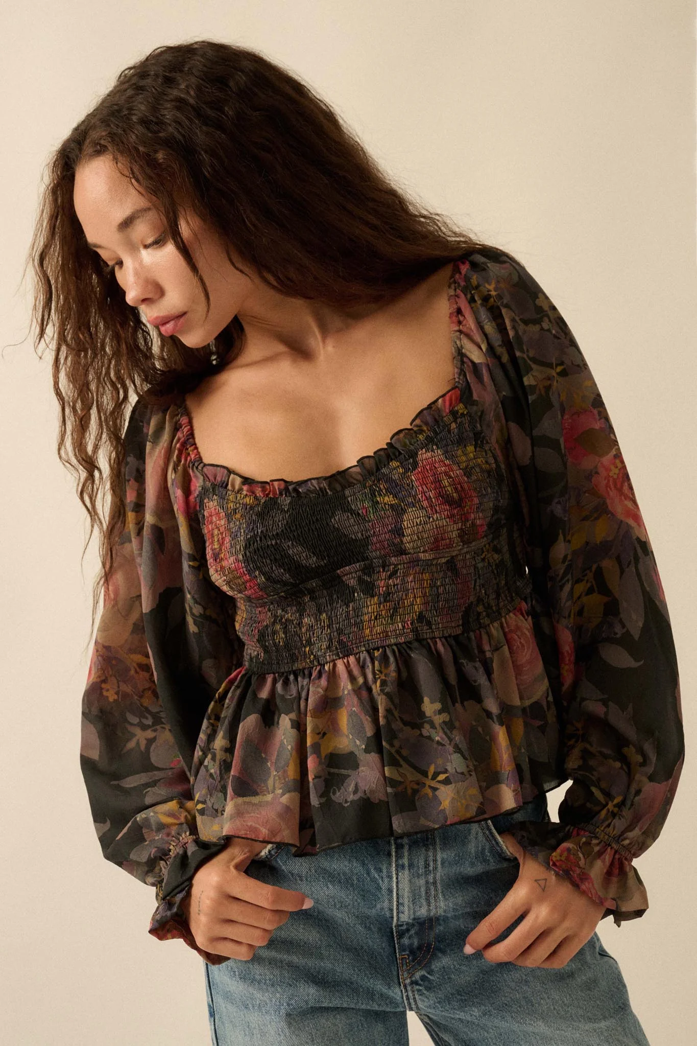 Roaming Blooms Smocked Floral Ruffle Peasant Top - Image 10