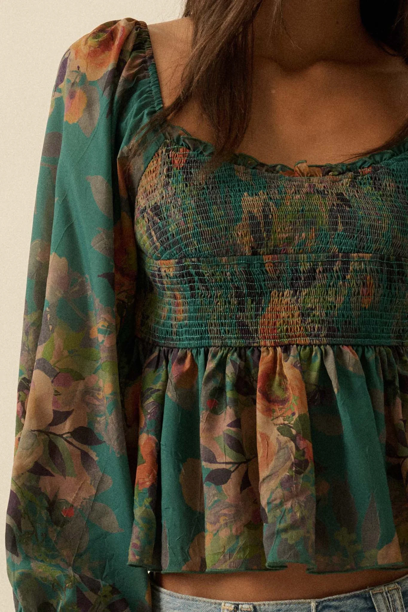 Roaming Blooms Smocked Floral Ruffle Peasant Top - Image 14