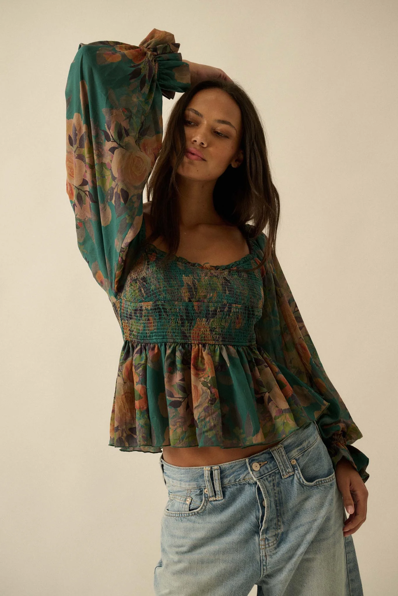 Roaming Blooms Smocked Floral Ruffle Peasant Top - Image 16