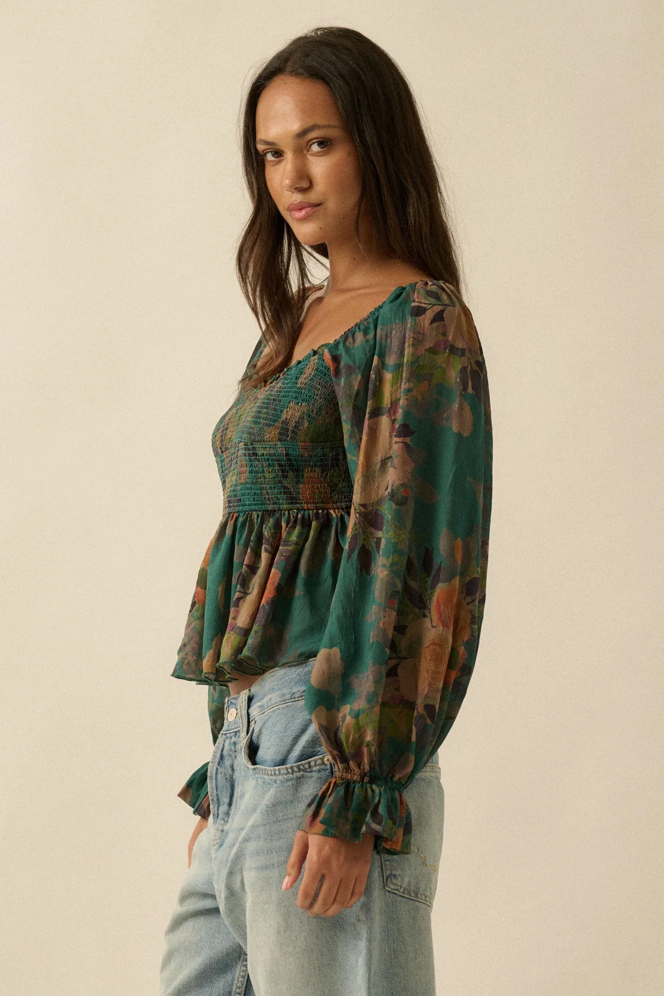 Roaming Blooms Smocked Floral Ruffle Peasant Top - Image 17