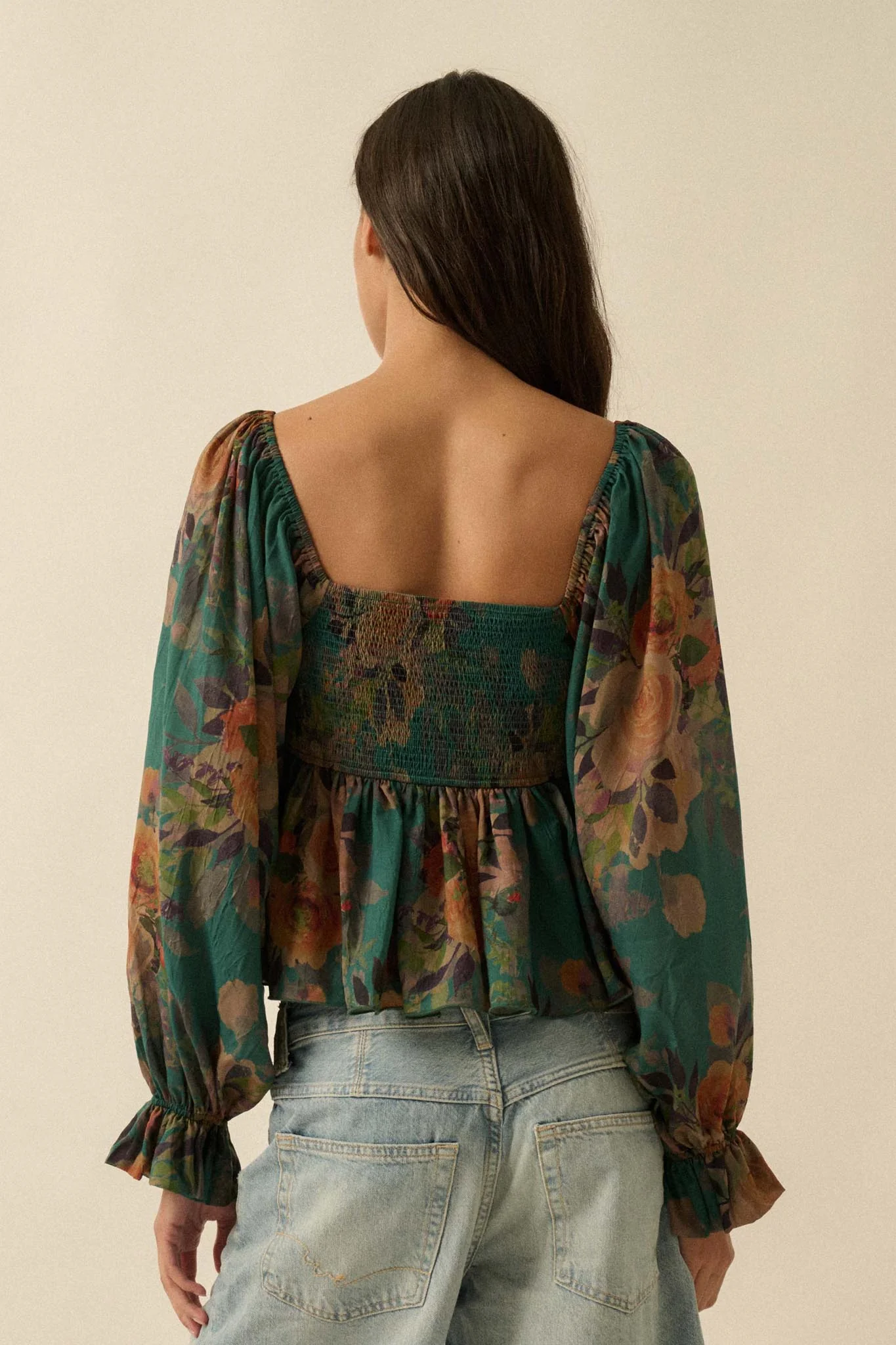 Roaming Blooms Smocked Floral Ruffle Peasant Top - Image 18