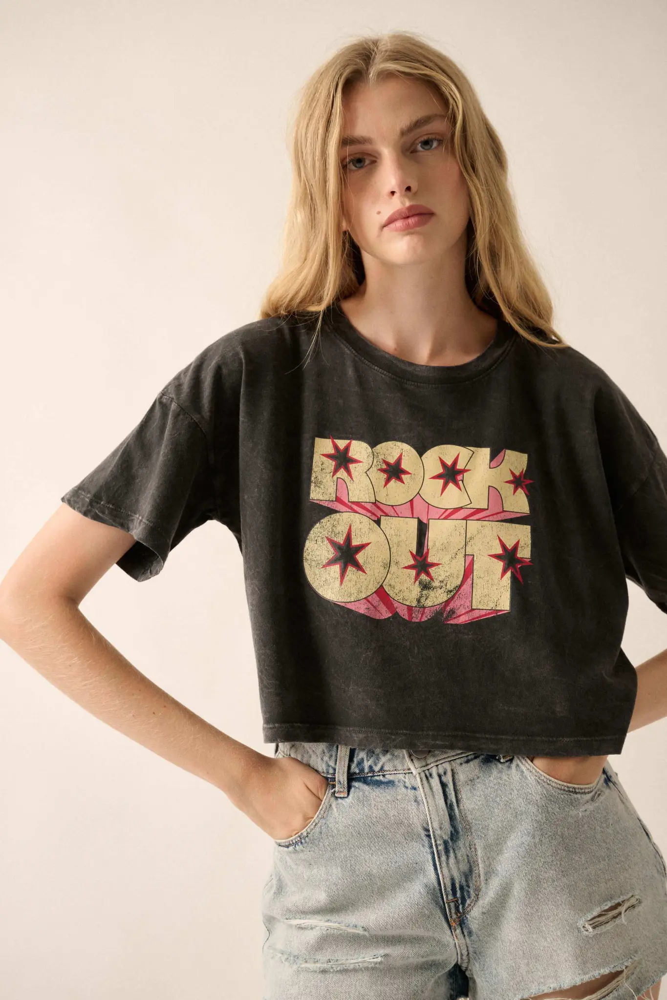 Rock Out Cropped Vintage-Wash Graphic Tee