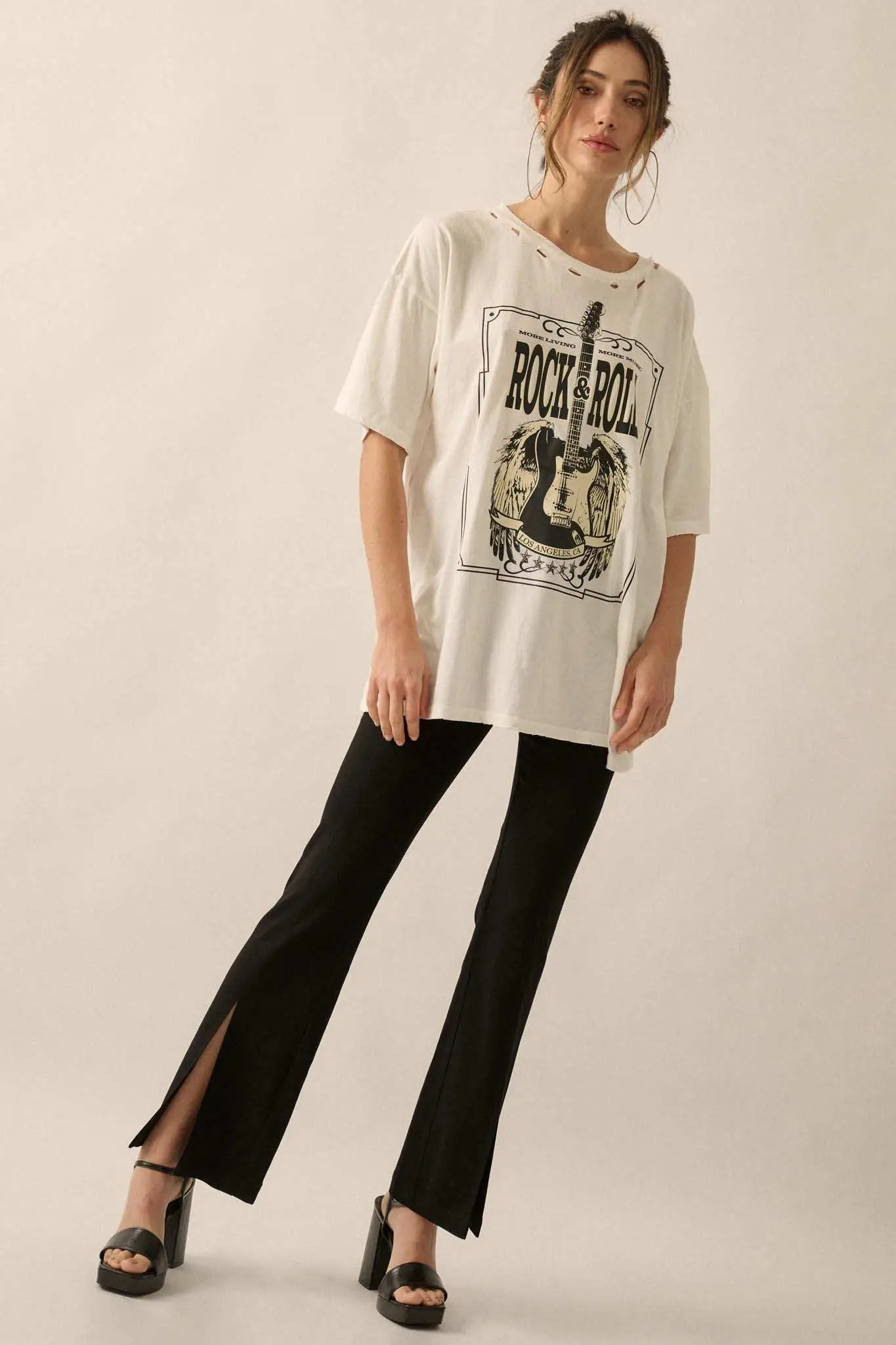 Rock & Roll Angel Guitar Distressed Graphic Tee - Image 3