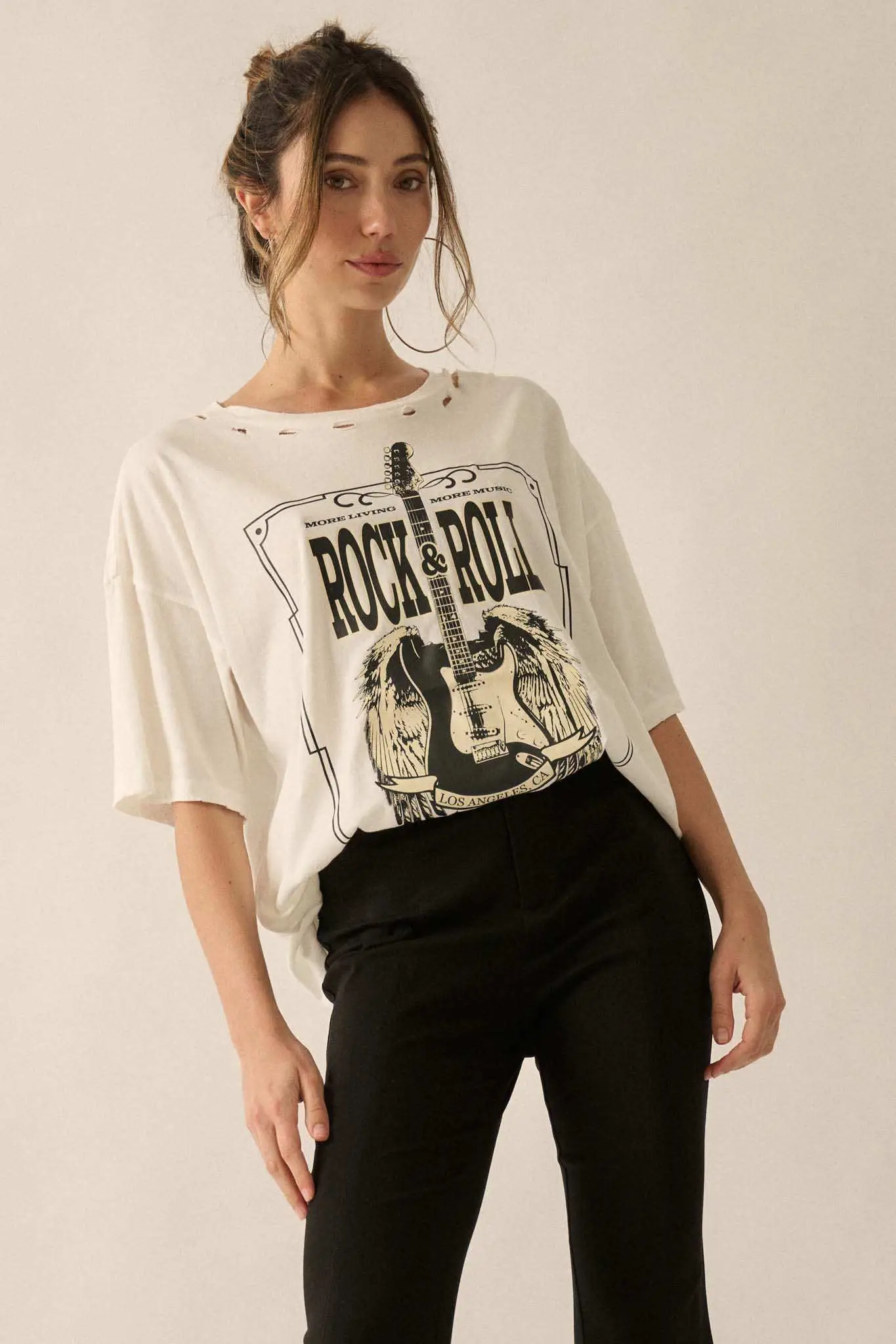 Rock & Roll Angel Guitar Distressed Graphic Tee - Image 4