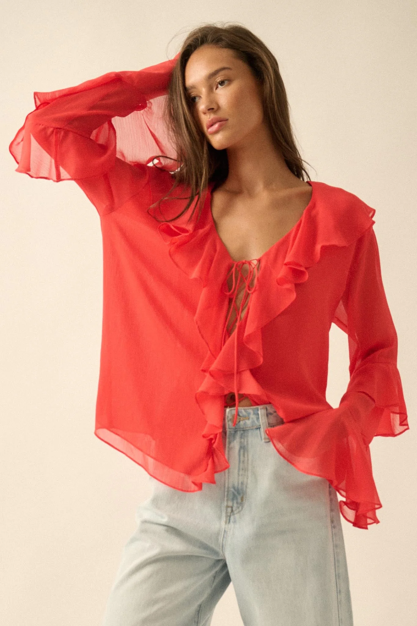 Romance Language Ruffled Chiffon Tie-Front Top - Image 10