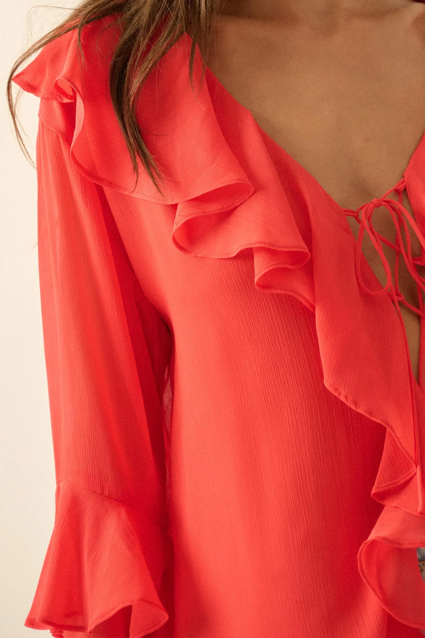 Romance Language Ruffled Chiffon Tie-Front Top - Image 11