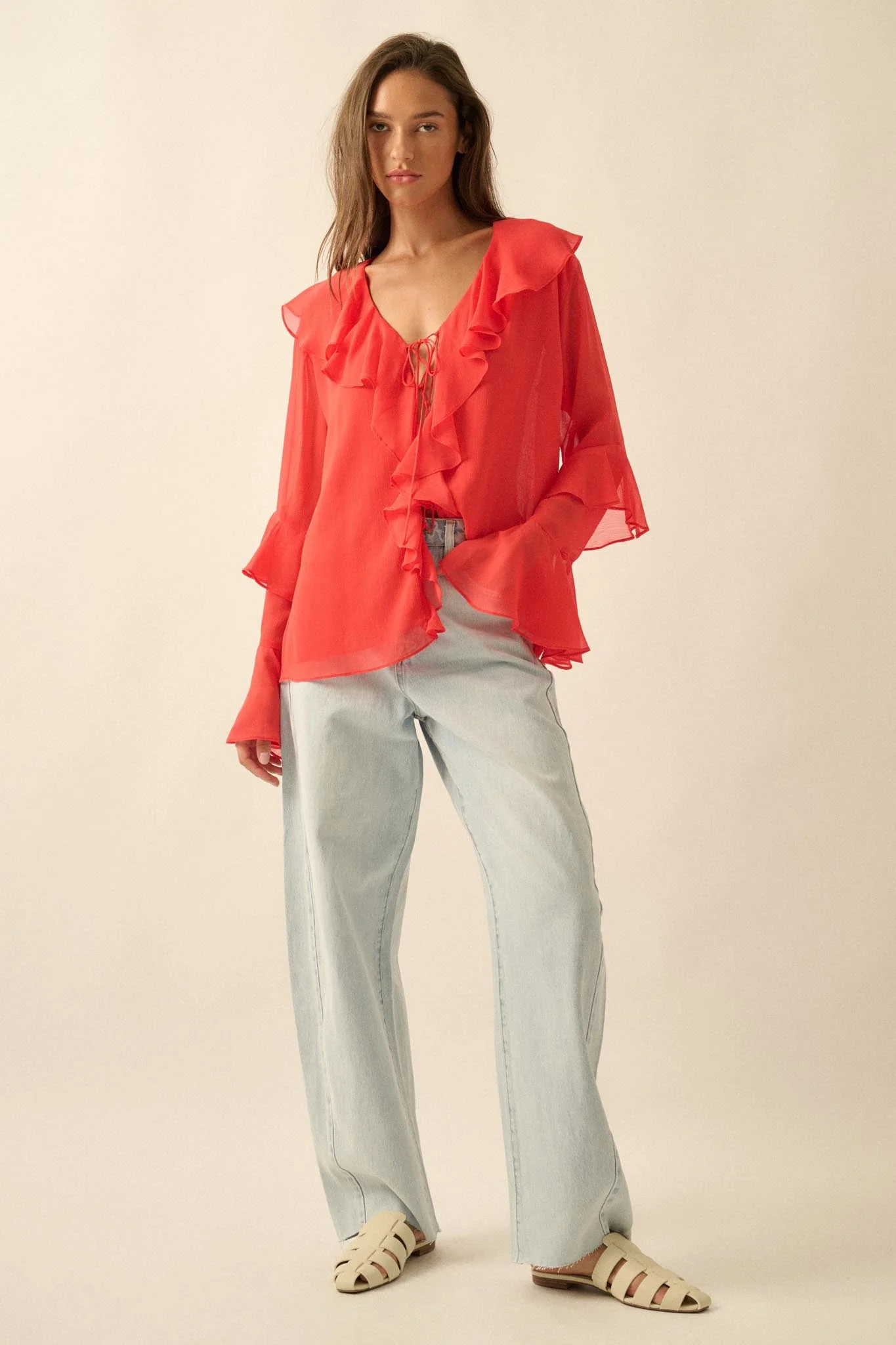 Romance Language Ruffled Chiffon Tie-Front Top - Image 12