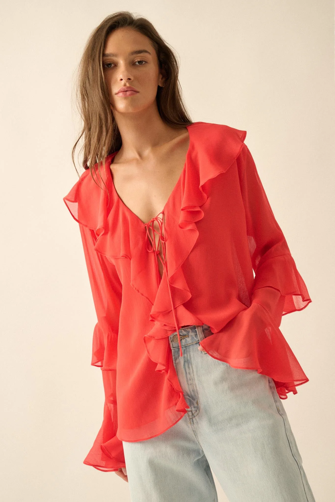 Romance Language Ruffled Chiffon Tie-Front Top - Image 13