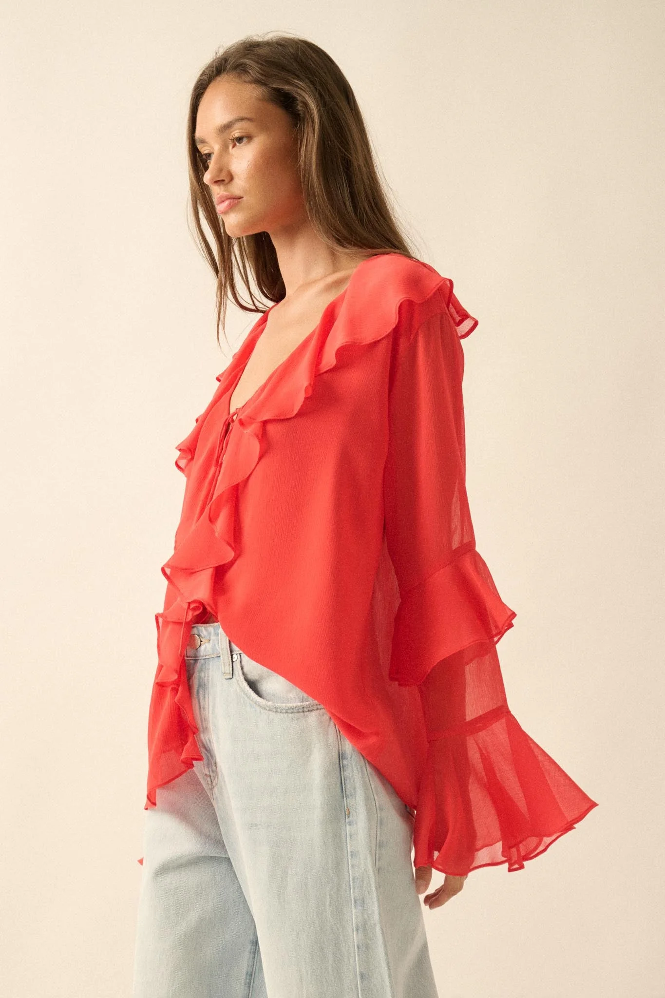 Romance Language Ruffled Chiffon Tie-Front Top - Image 14