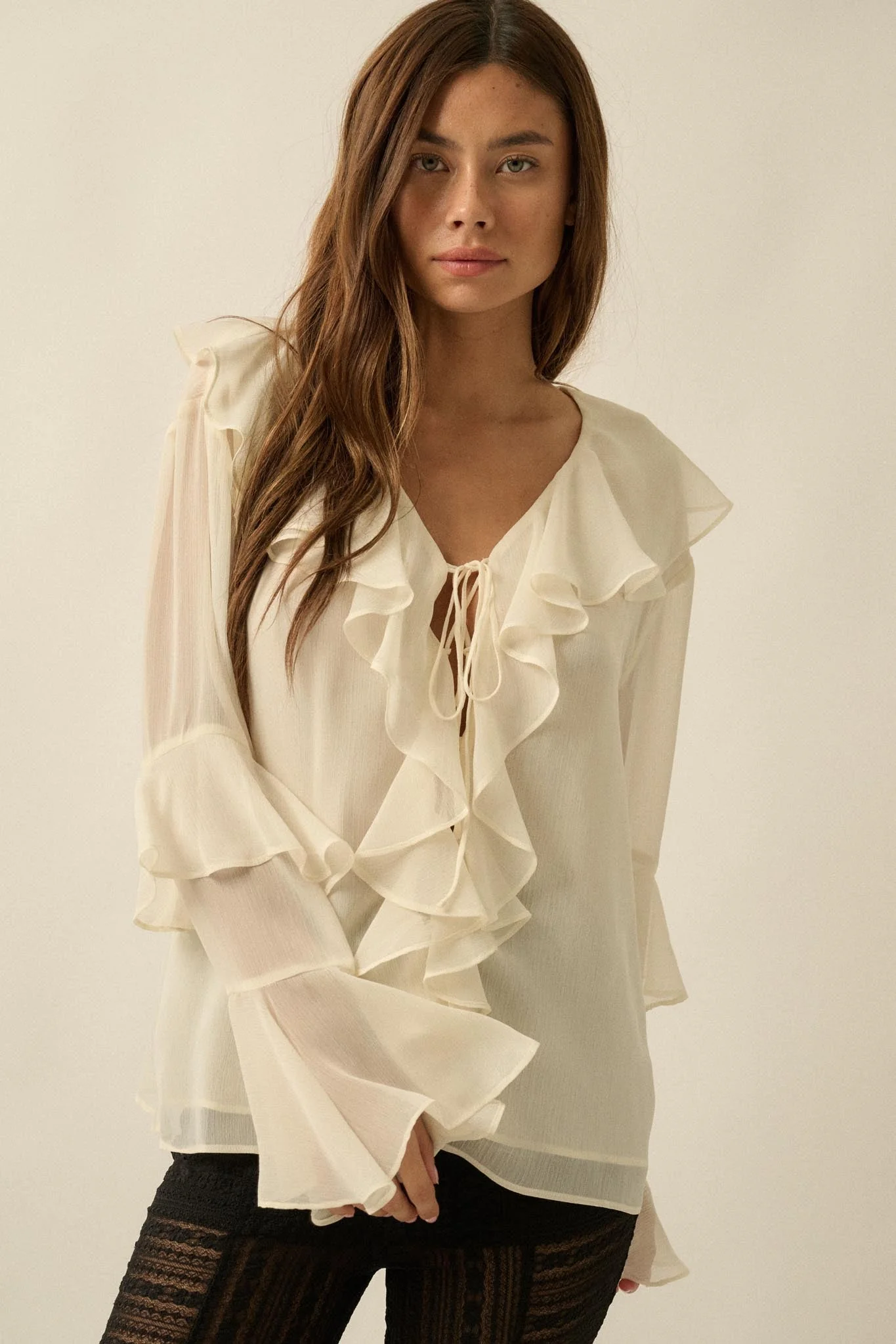 Romance Language Ruffled Chiffon Tie-Front Top - Image 4