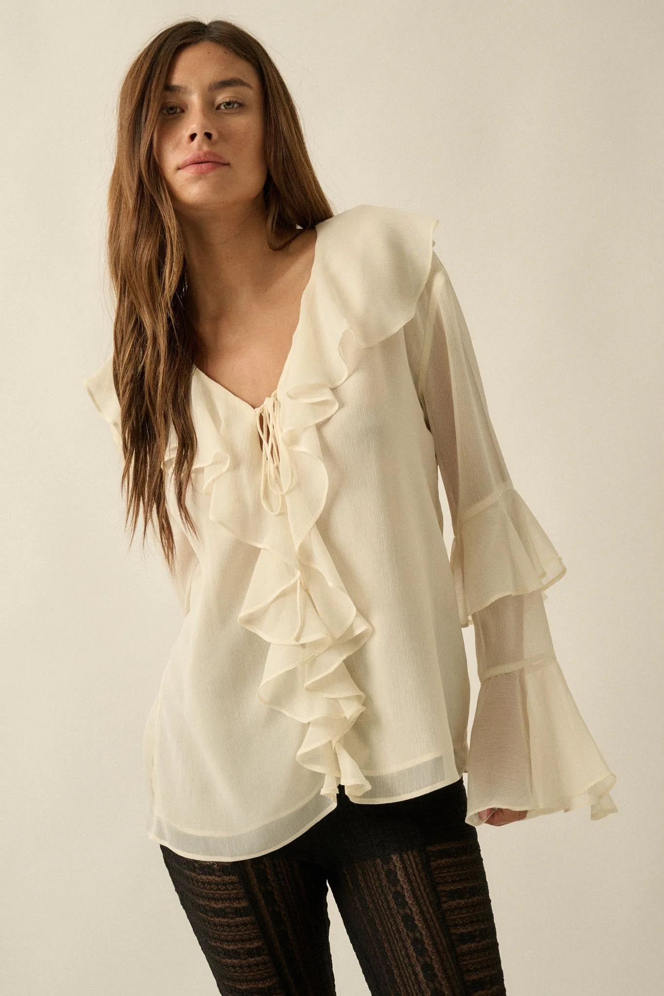 Romance Language Ruffled Chiffon Tie-Front Top - Image 7