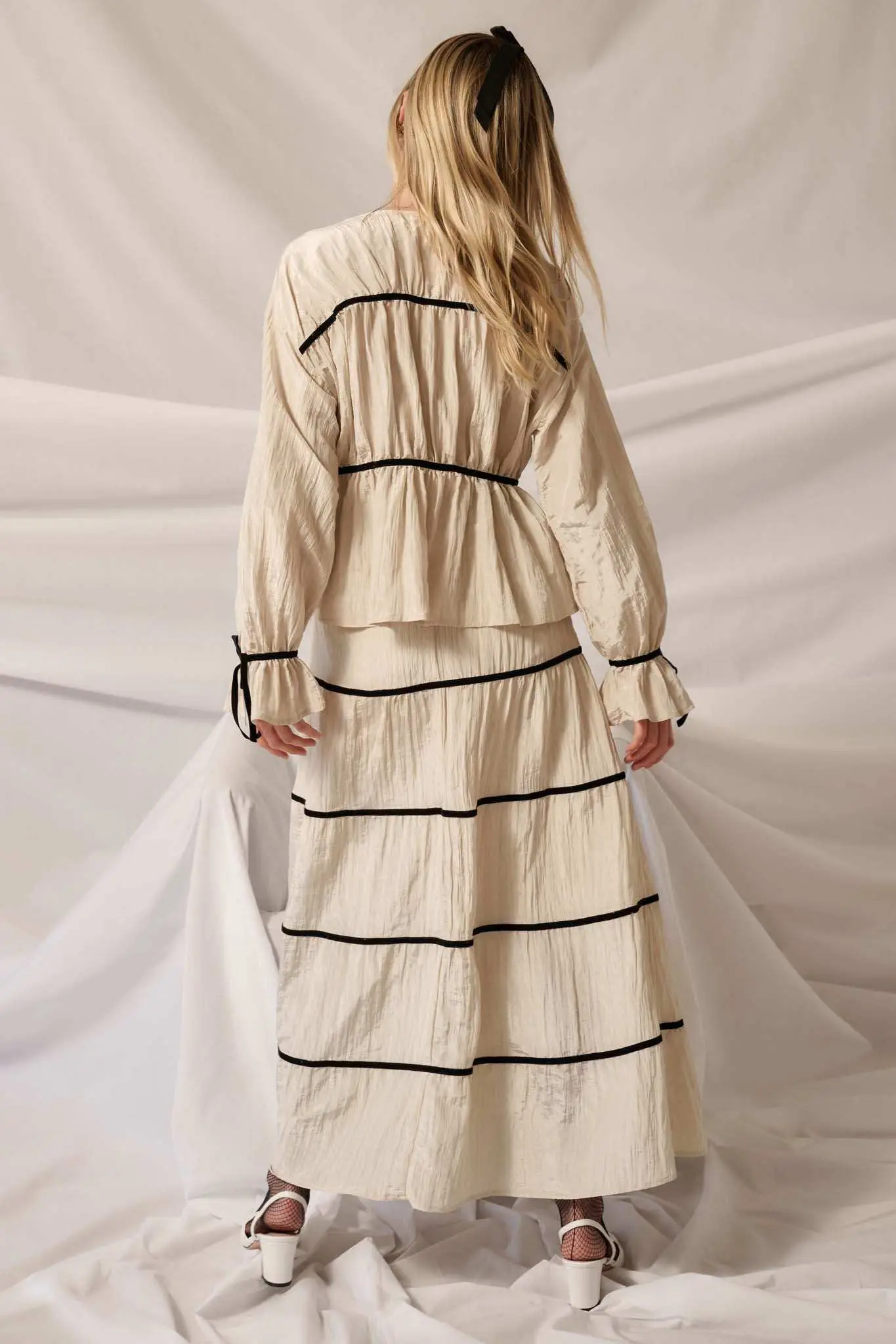 Romantic Dream Velvet-Trim Satin Tiered Maxi Skirt - Image 6