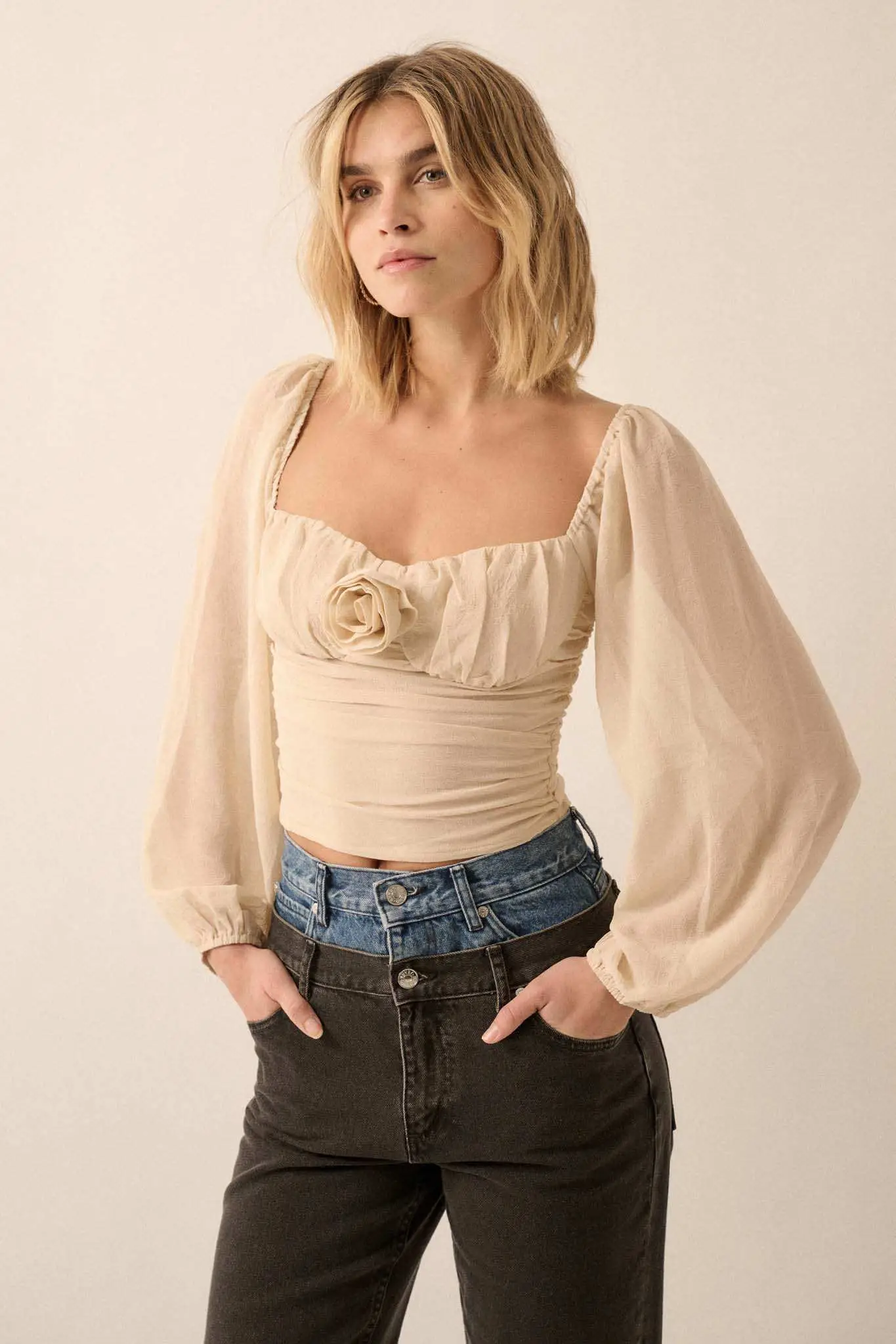 Romantic Era Chiffon Rose-Bodice Peasant Top - Image 3