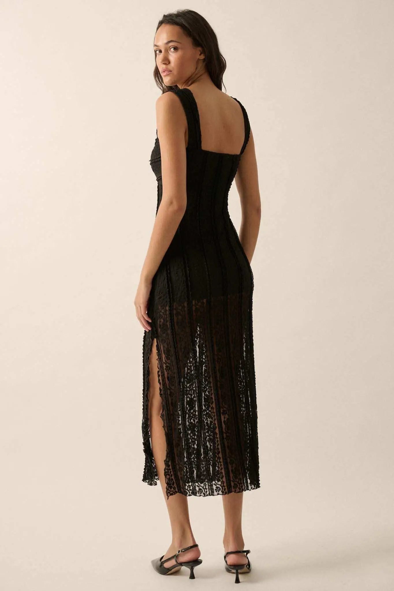Romantic Heart Ruffled Floral Lace Midi Dress - Image 6